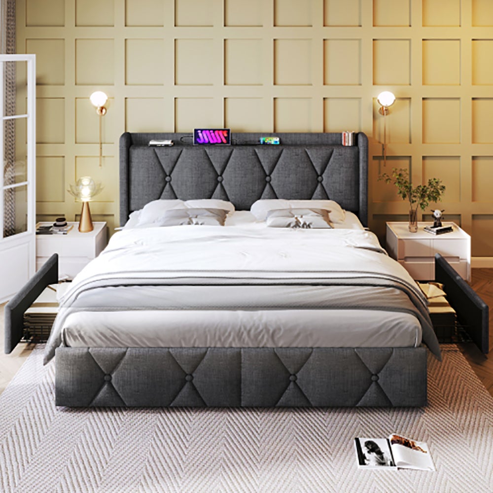 Lit Coffre Lit Double Rembourré Lit De Rangement Tête De Lit Avec Fonction De Chargement Usb Cadre De Lit En Lin Lit 180x200 Cm Gris 90053881