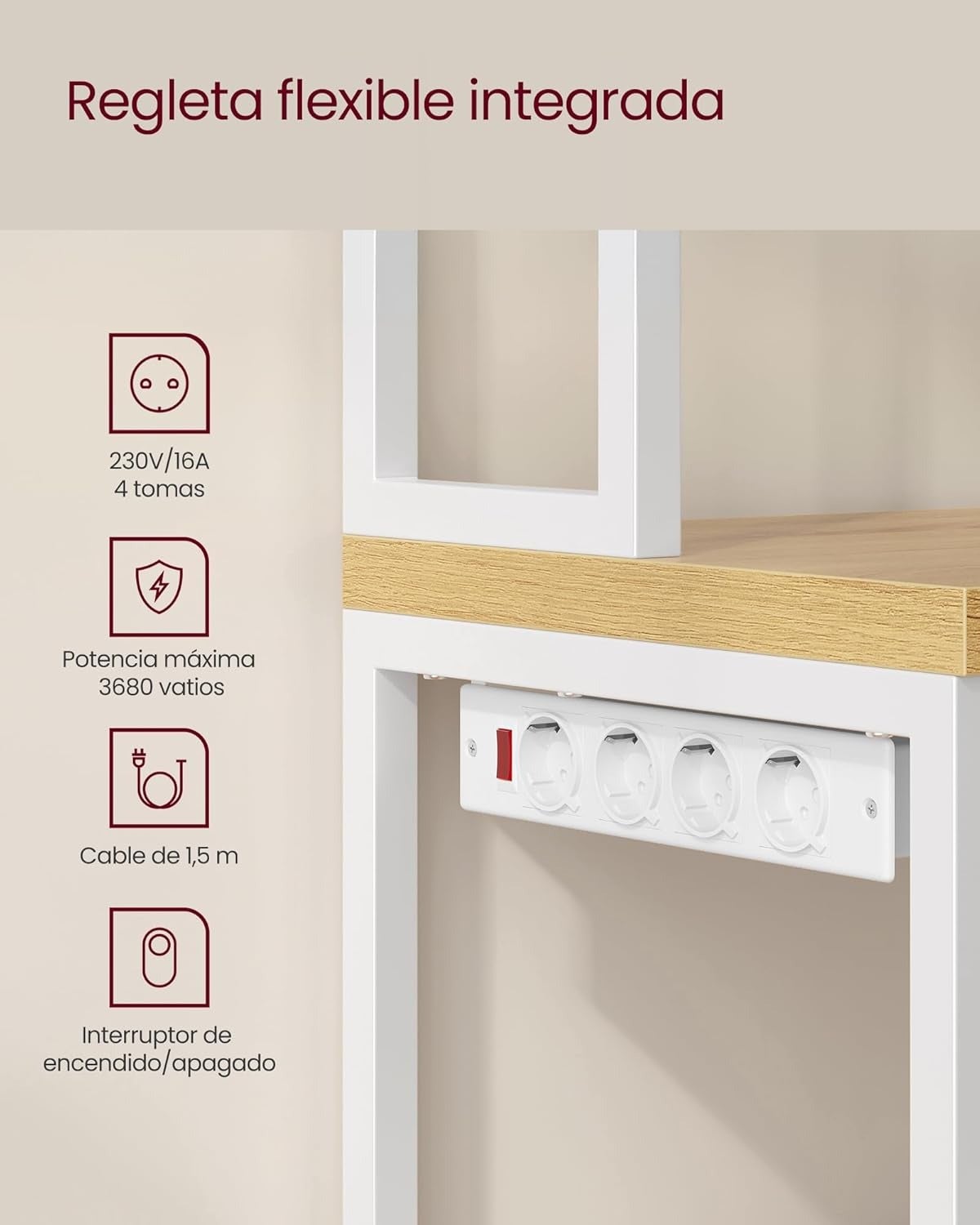 Mueble auxiliar de cocina con enchufes, estantería para microondas con ganchos, estilo industrial, color roble y blanco - 5