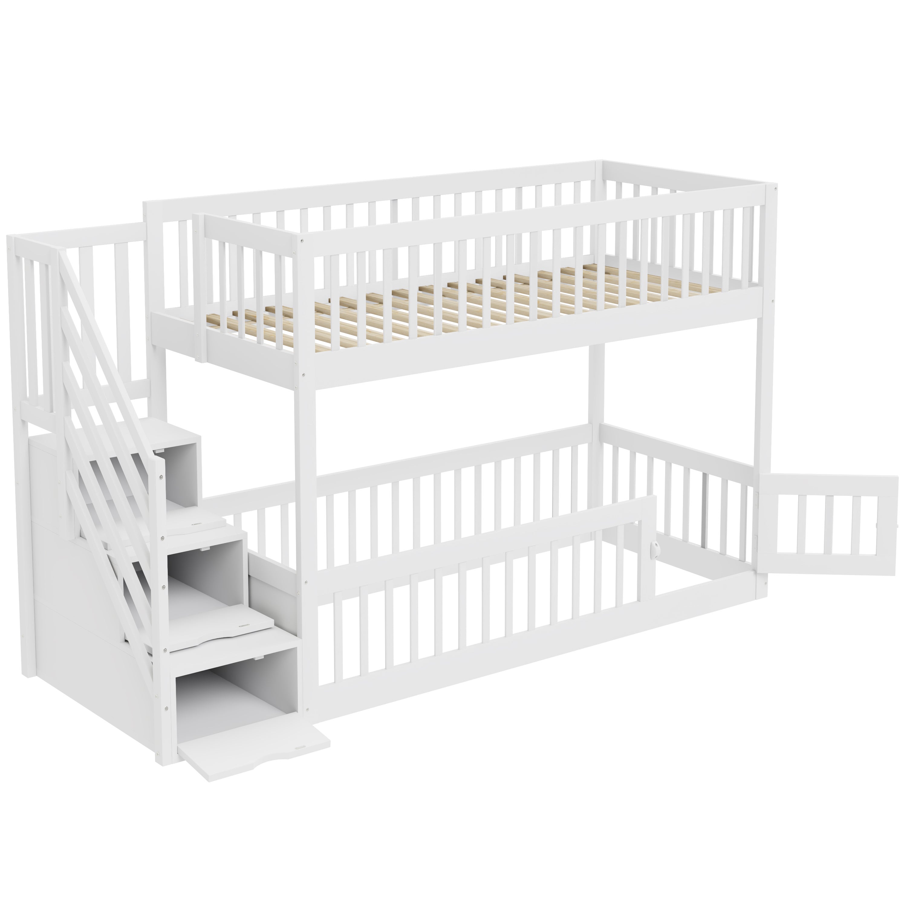 Lit superposé 90x200cm - avec escalier de sécurité - avec 3 tiroirs - Blanc (matelas non inclus) - 9