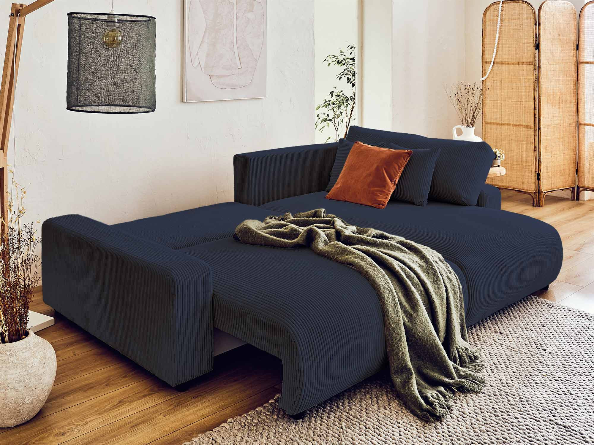 Canapé d'angle réversible convertible 4 places en velours côtelé bleu nuit - PIVOINE - Best Mobilier - 2