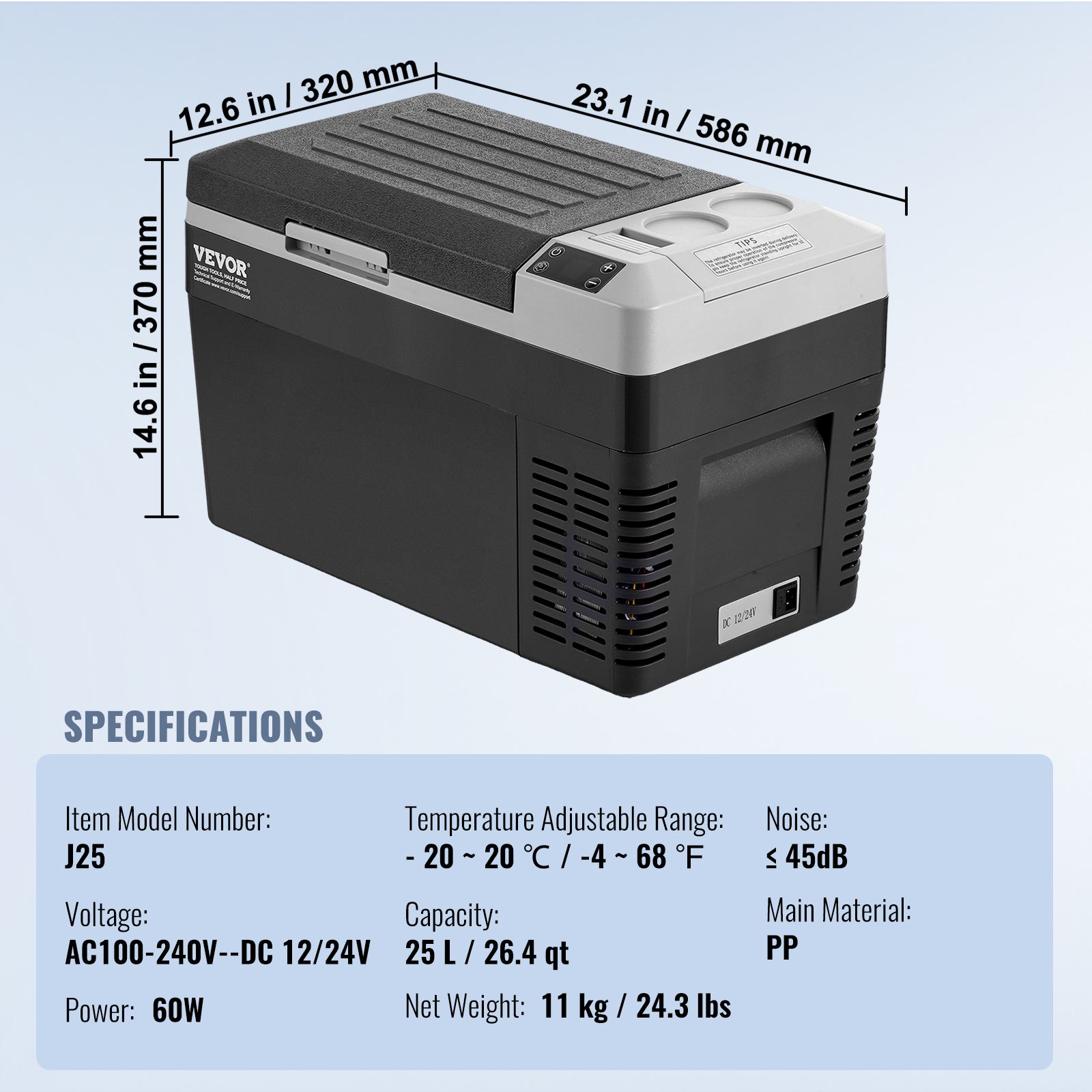 Réfrigérateur Portable VEVOR à Compression 25 L,Mini Frigo Voiture 12/24 V CC 100-240 V CA,Glacière à Zone Unique, -20 °C à 20 °C Température Réglable - 7