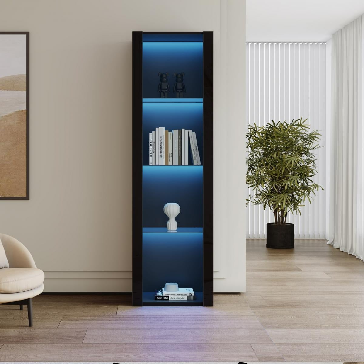 Biała gablota z oświetleniem LED, 3 szklane przegrody, 4 komory, 55*38*166 cm, kolor czarny