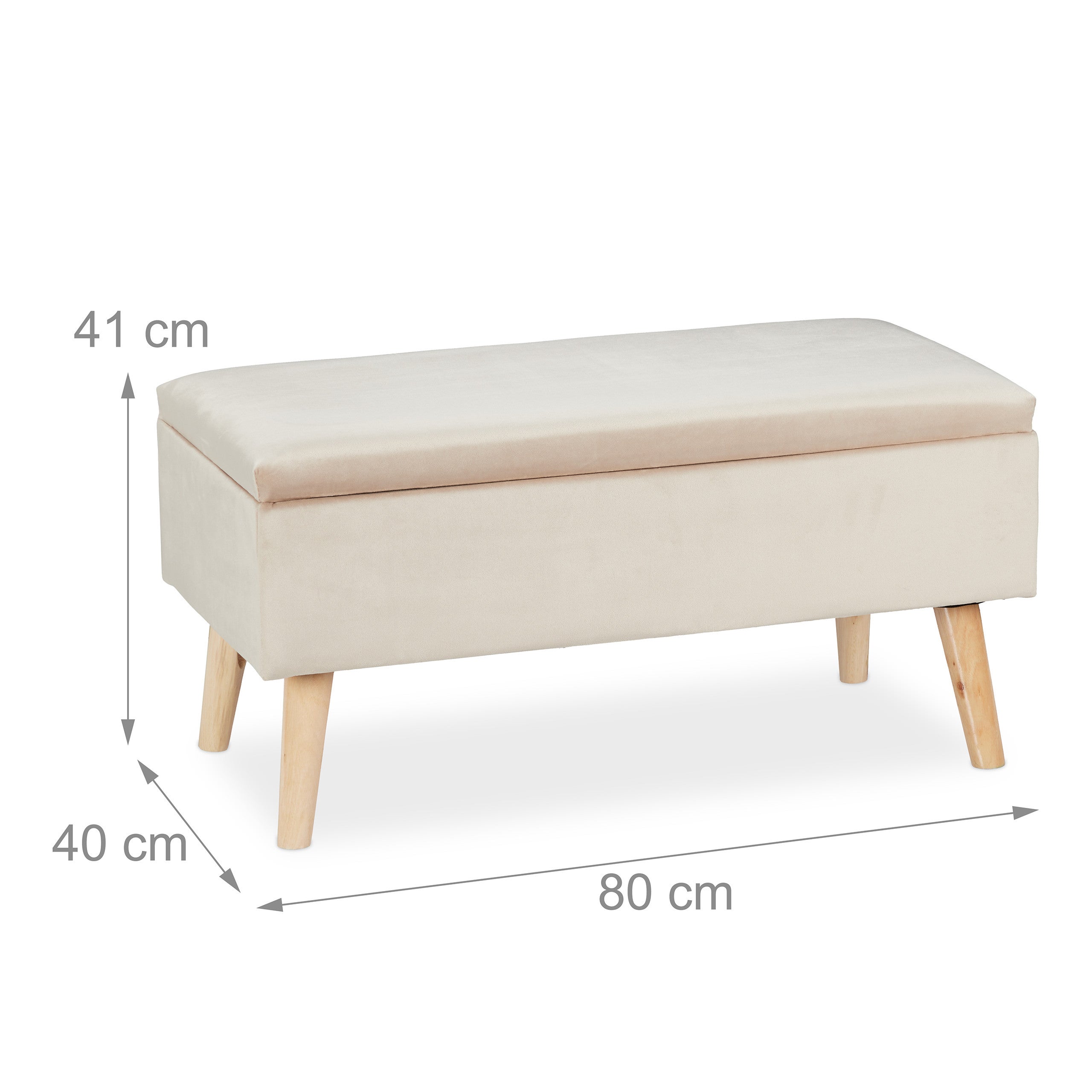 Banc siège avec espace de rangement, housse velours, 40 l, rembourrée, pieds en bois, entrée,41x80x40c, crème, Relaxdays - 4