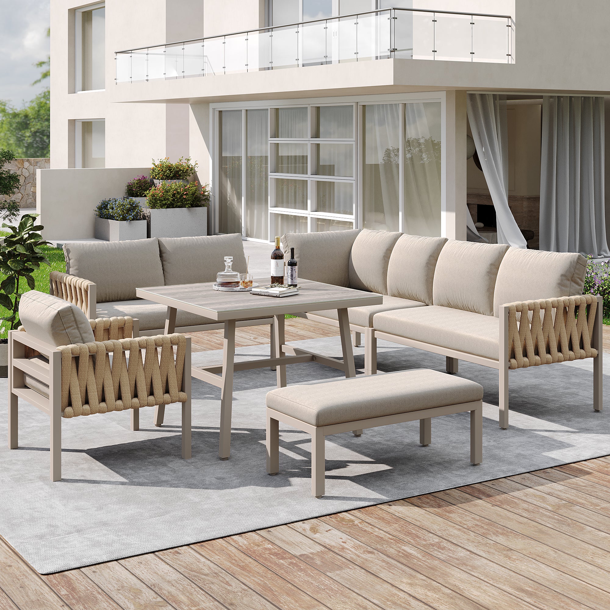 Ensemble de salle à manger de jardin - en corde - avec structure en fer galvanisé, pieds réglables, canapé d'angle, 1 fauteuil, 1 tabouret, Beige - 2