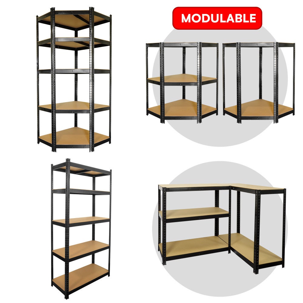 5 étagères spécial angle grand garage noire - étagères de coin charges lourdes - 875 kg - Montage facile par clip et croisillons - 3