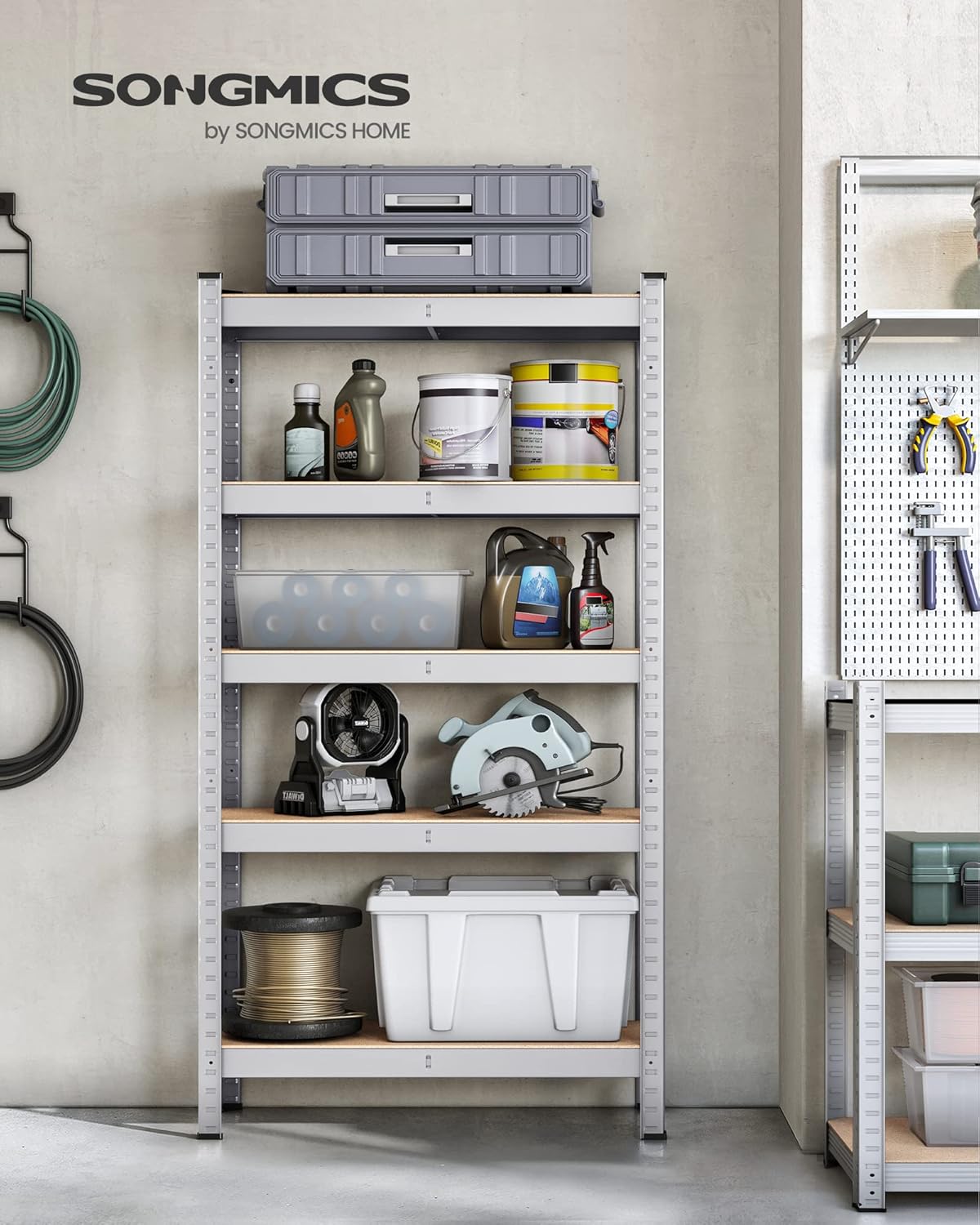 SONGMICS Étagère Charge Lourde à 5 Niveaux, Meuble de Rangement en Acier, pour Boîtes à Outils, Capacité 650 kg, 30 x 75 x 150 cm, Argent - 2