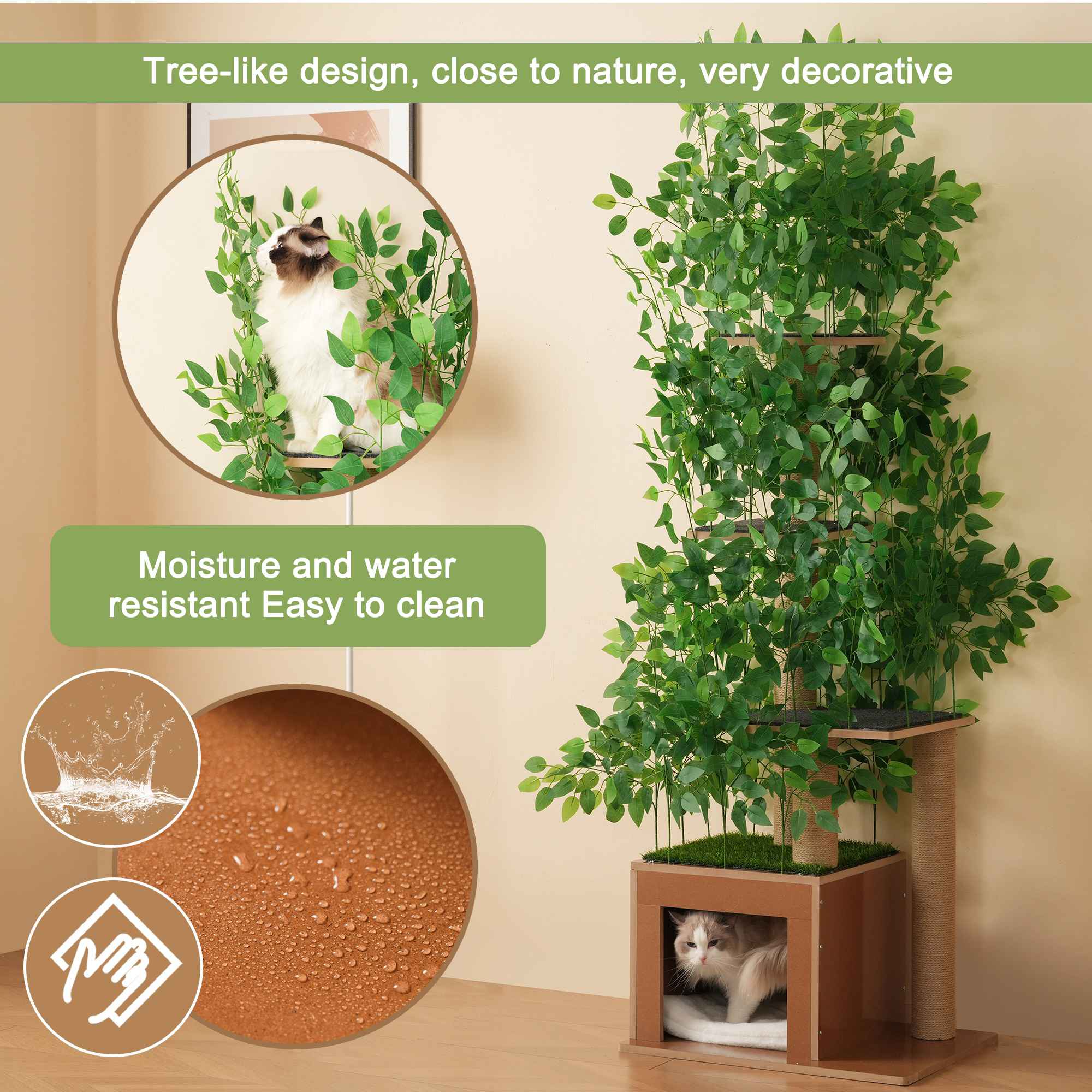 Árvore para gatos 190 cm em forma de árvore com 4 plataformas – Design natural, MDF impermeável e arranhadores para escalar, esconder-se e observar - 6