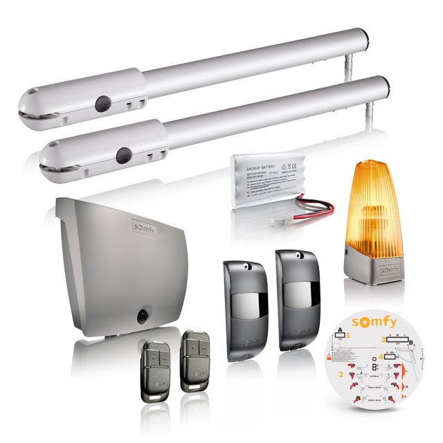 Somfy - Motorisation de portail battant à vérin SGS Essential RTS - Livrée avec 2 télécommandes Keypop, feu orange, photocellules et batterie de