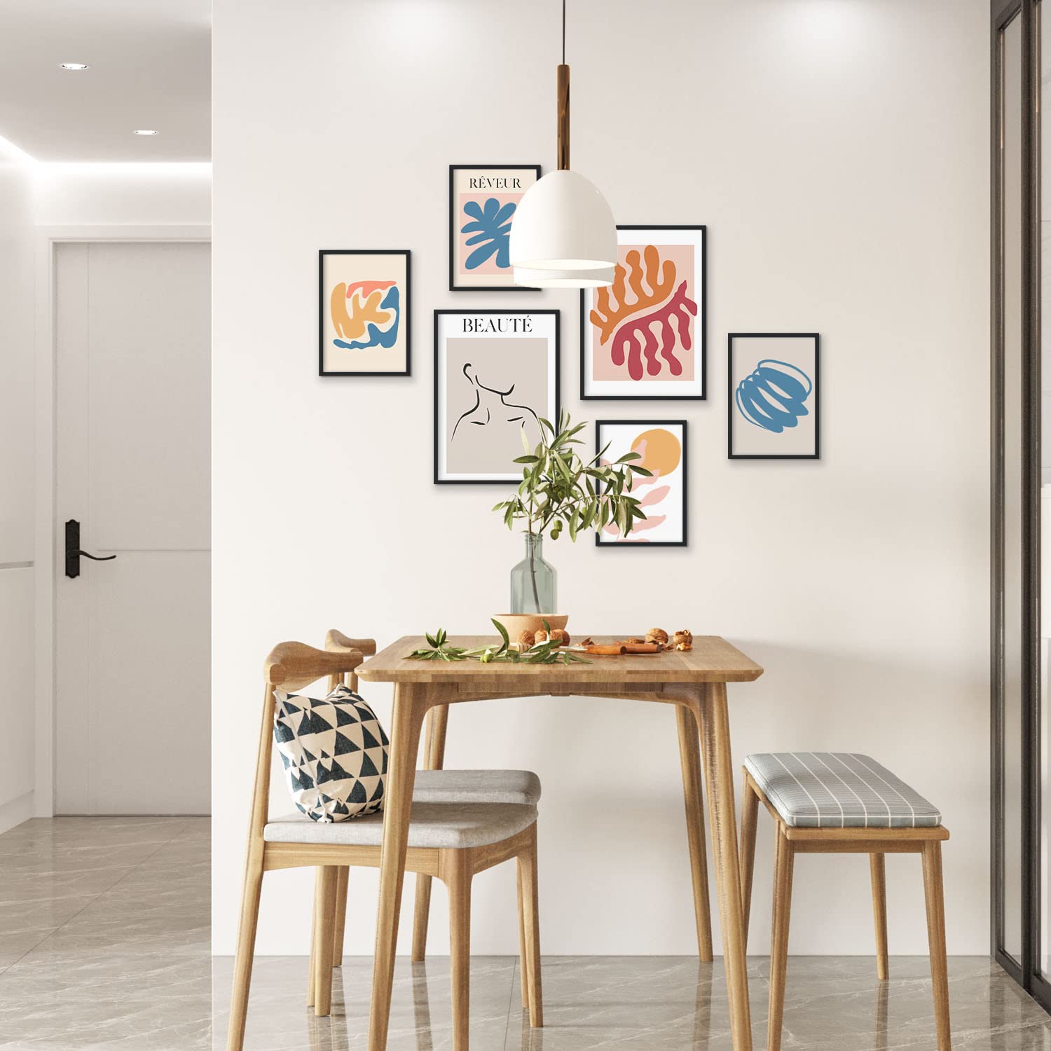 Set de 6 posters de naranja y azul. coleccion de láminas con estetica collage para la tamanos a3 y a4 con marco blanco