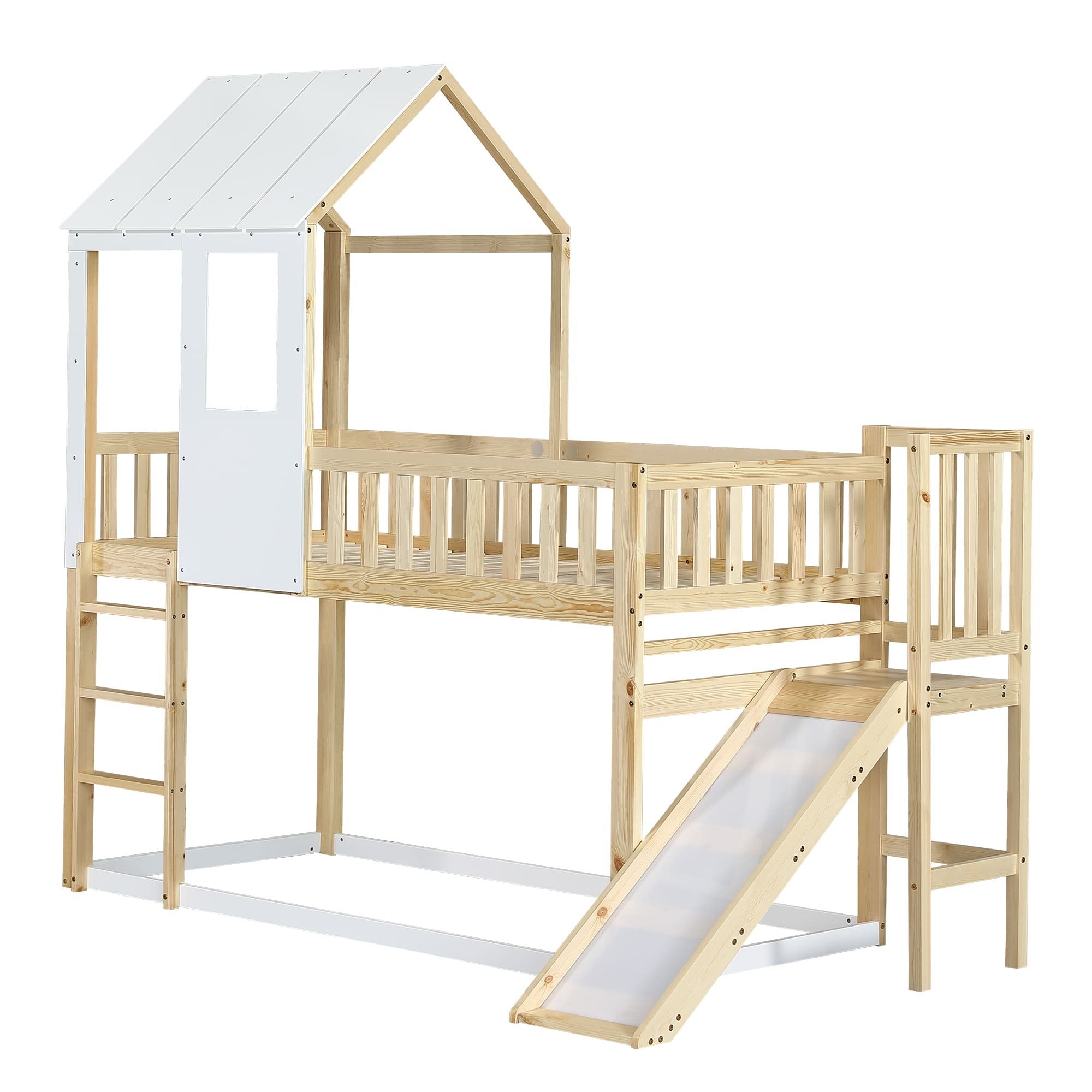 Lit cabane enfants 90 x 200 cm avec toboggan, lit superposé enfant, lit Mezzanine 2 Places avec Fenêtre et Garde-Corps - Pin - Naturel - 5