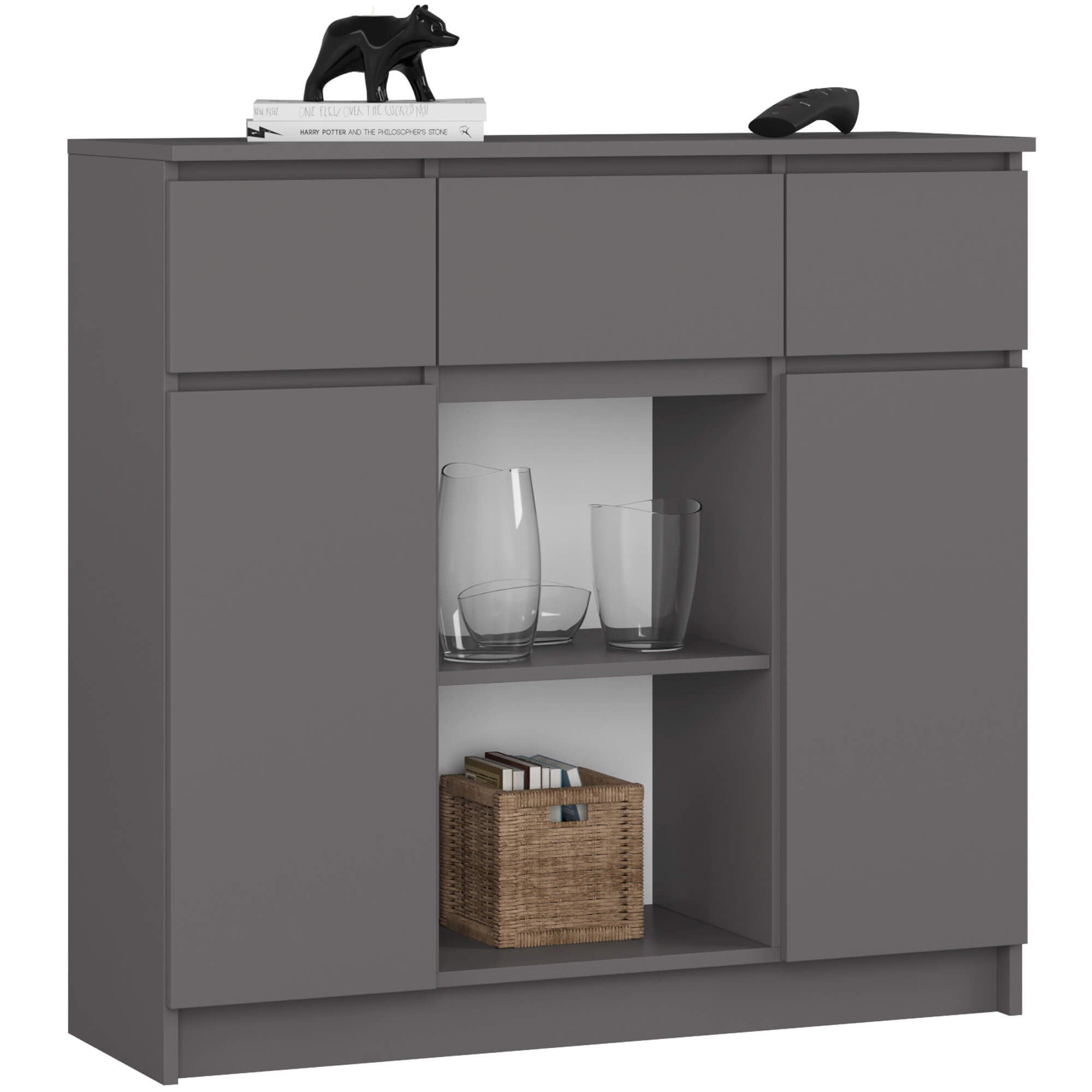 Komoda AKORD K100 kolor Grafit Szary mat 101 cm 2 drzwi 3 szuflady 4 półki 101x35x98 cm
