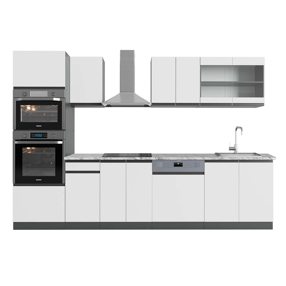Vicco Aneks kuchenny R-Line, Biały/antracyt, 300 cm J-Shape z wysoką szafką, BP Marmur