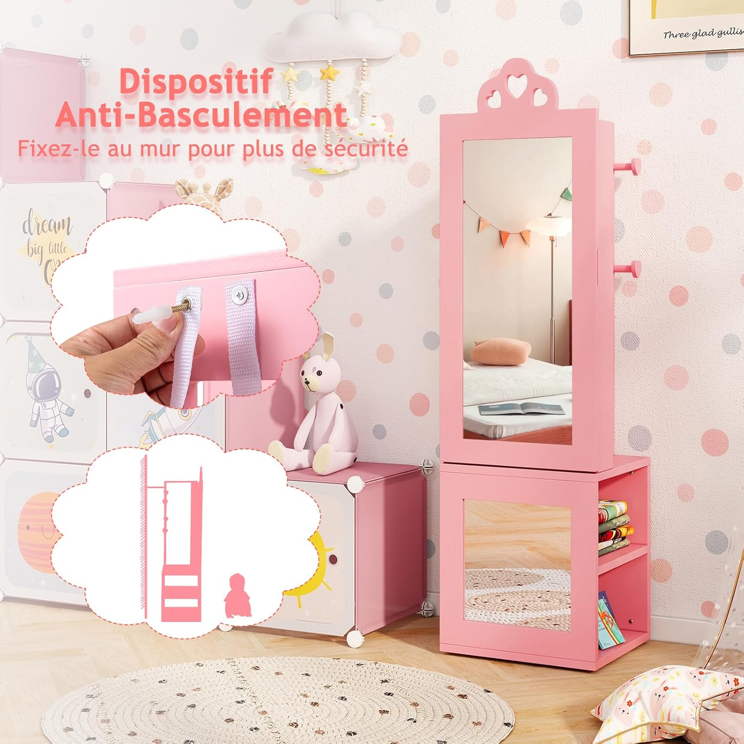 Armoire à Bijoux Enfant, 3 en 1 Armoire de Bijoux sur Pied avec Miroir Pleine Longueur, Porte-vêtements, Kit Anti-basculement, Motif Cœur (Rose) - 5