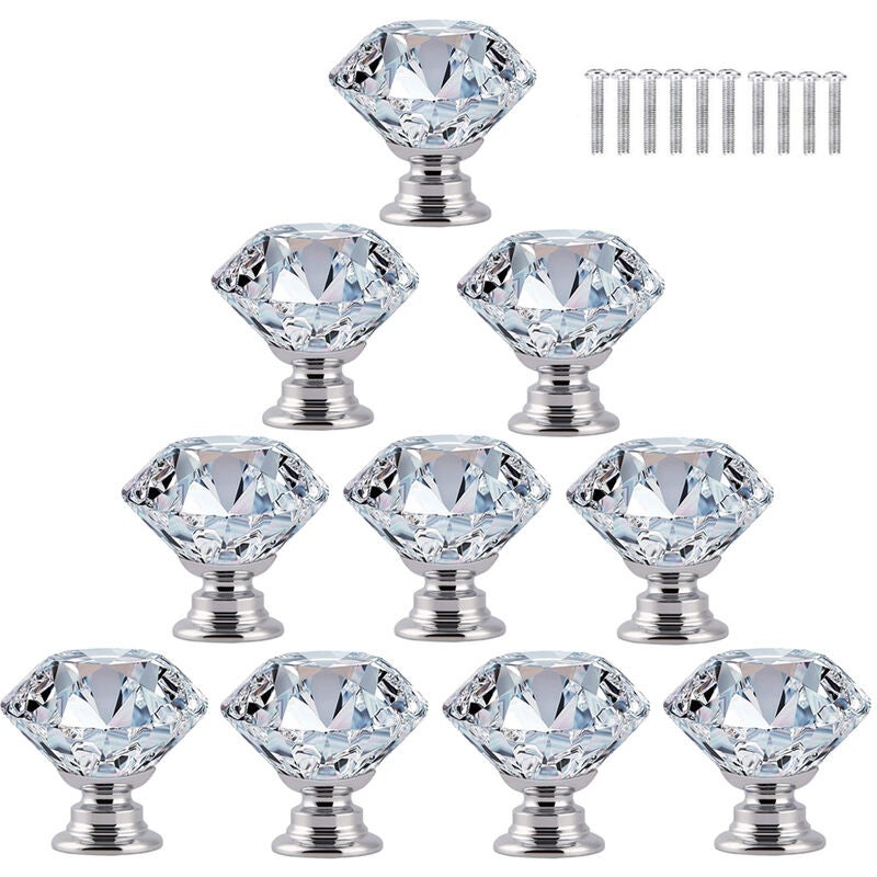 10 gałek do drzwiczek szafek, mebli, szuflad, kryształ diamentowy 30 mm ze śrubami, przezroczyste.