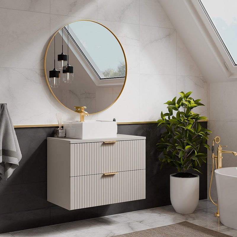 Szafka pod umywalkę wisząca ryflowana z blatem - Beżowy - szer. 80 cm - ZEVARA