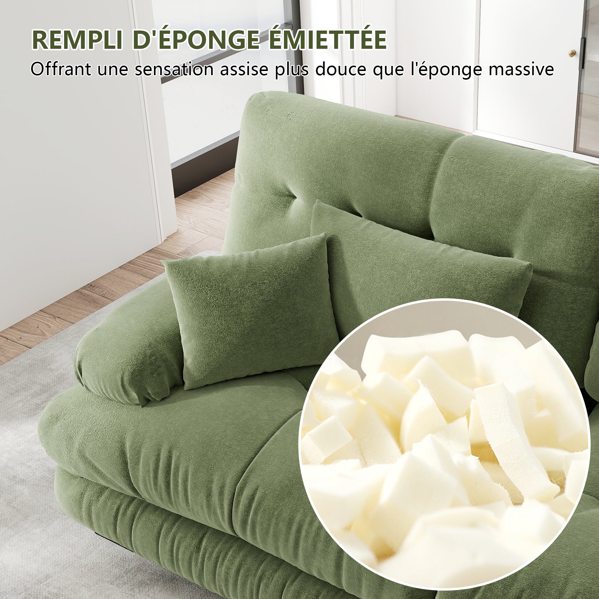 Canapé d'angle modulable, Canapé 3 places confortables avec pouf mobile,&nbsp;coussins décoratifs et lombaires inclus, Canapé U pour salon,&nbsp;chenille, Vert - 5