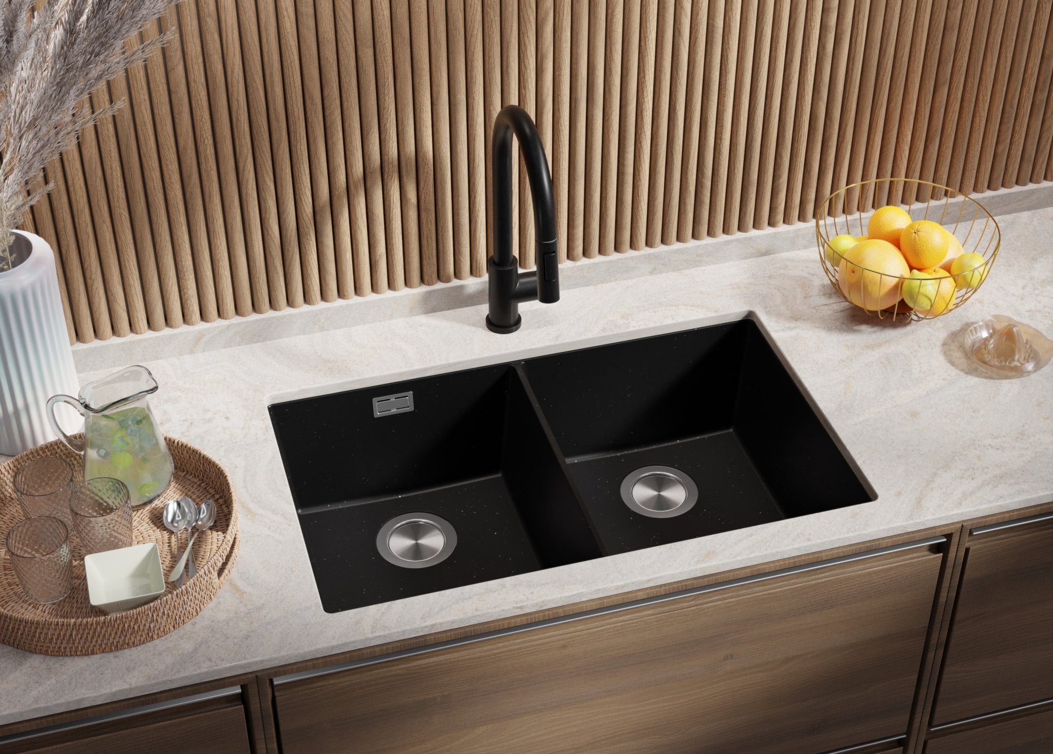 Zlewozmywak podblatowy Czarny Metalik 76x47cm, Zlew Kuchenny 2 Komorowy + Syfon, do szafki od 80cm - Londyn Twin PRIMAGRAN