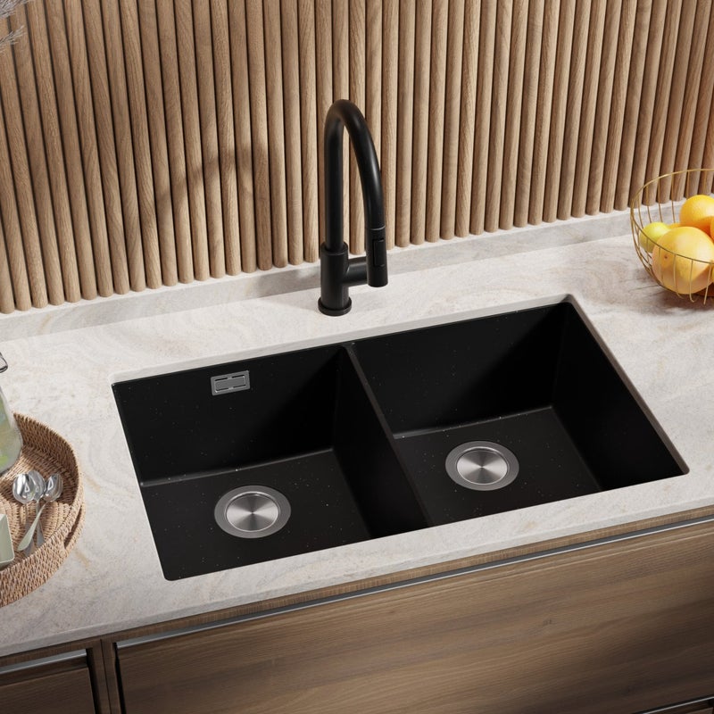 Zlewozmywak podblatowy Czarny Metalik 76x47cm, Zlew Kuchenny 2 Komorowy + Syfon, do szafki od 80cm - Londyn Twin PRIMAGRAN