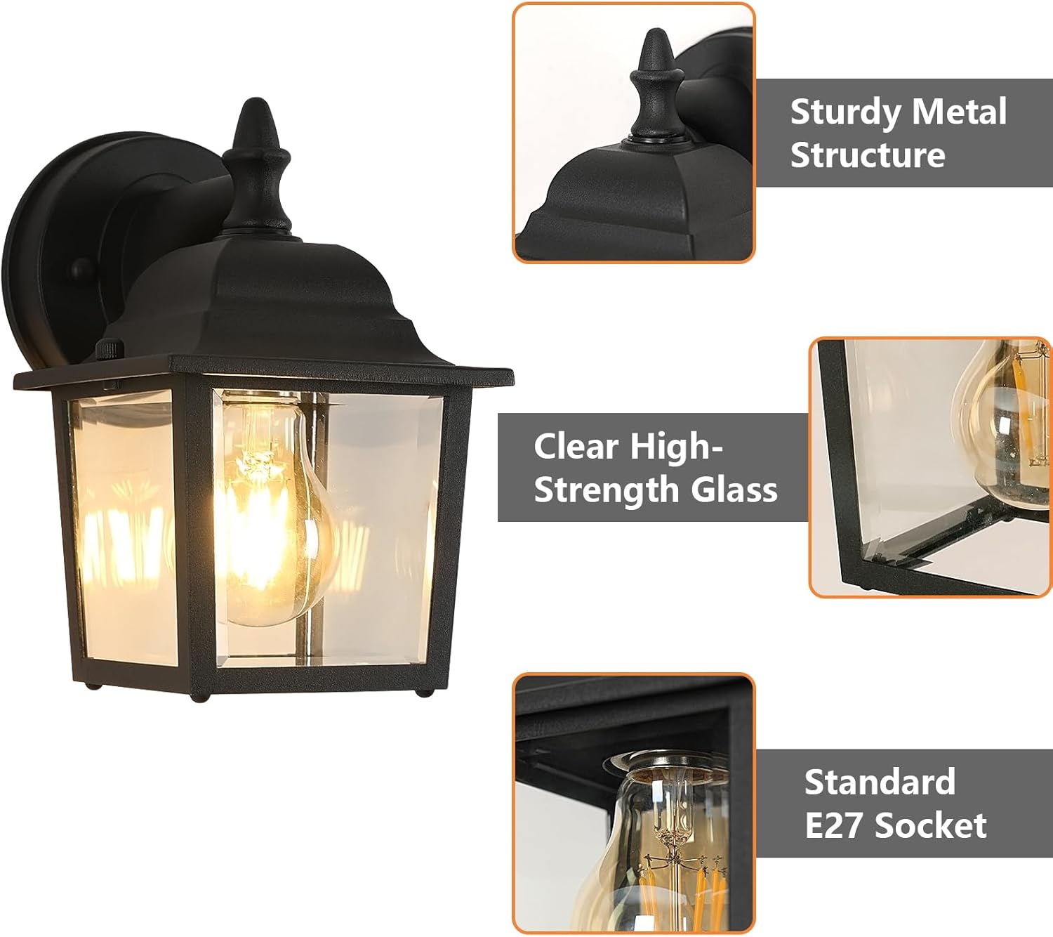 COMELY Applique da Parete Esterno Impermeabile IP44, Lampada da Parete E27 per Porta d’Ingresso, Illuminazione Esterno Portico Nera 21cm - 4