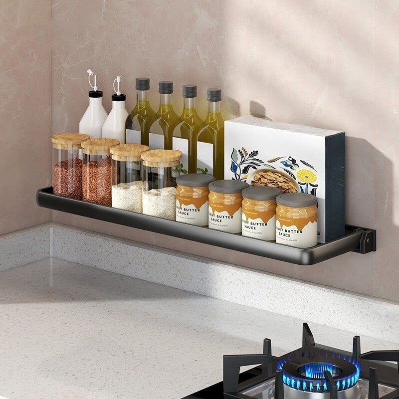 Półka kuchenna, stojak na przyprawy, składana, 51,5x15x6,5 cm – bez wiercenia, przechowywanie w kuchni, stojak na przyprawy, wielofunkcyjny – czarna