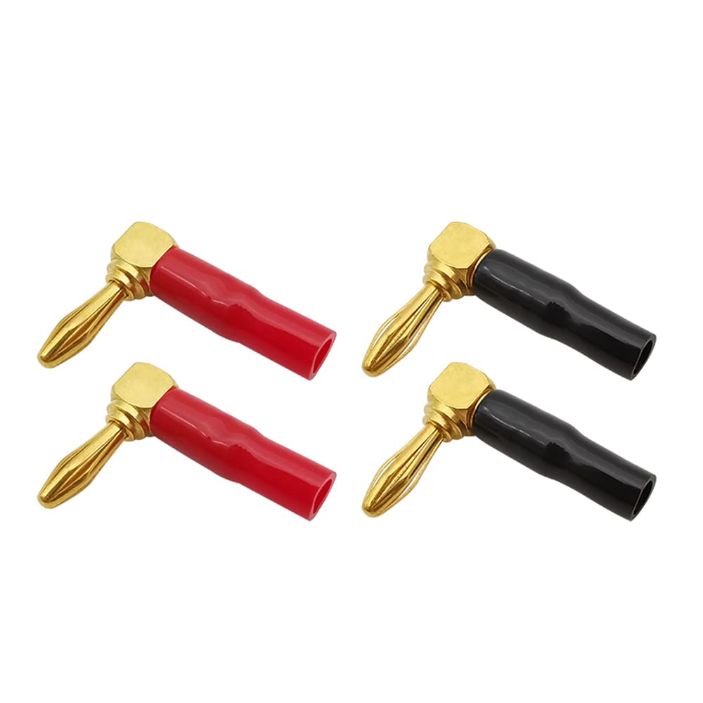 Zestaw 4 kątowych, pozłacanych złączy bananowych 4 mm do kina domowego i okablowania audio