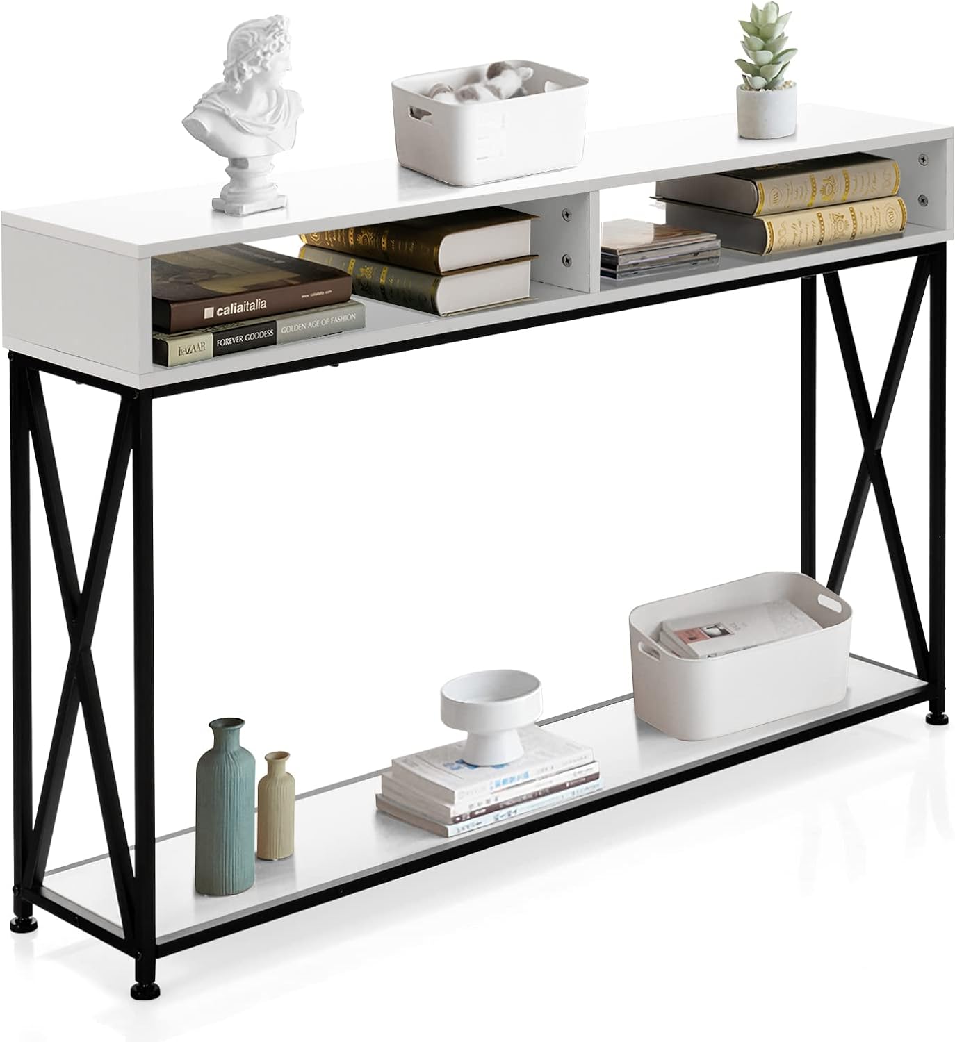 Stolik Konsolowy w Stylu Industrialnym, 120 x 23 x 79 cm, z 3 Otwartymi Półkami, Żelazna Rama, Stolik Pomocniczy, do Przedpokoju i Salonu (Biały)