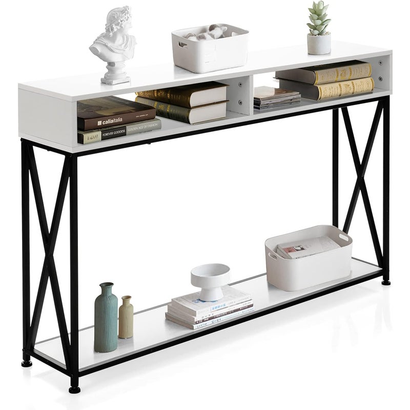 Stolik Konsolowy w Stylu Industrialnym, 120 x 23 x 79 cm, z 3 Otwartymi Półkami, Żelazna Rama, Stolik Pomocniczy, do Przedpokoju i Salonu (Biały)