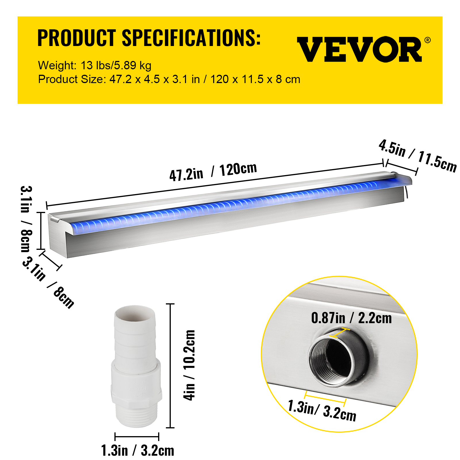 Déversoir à cascade piscine VEVOR 120x11,5x8 cm fontaine chute d'eau de piscine acier inox avec bande LED colorée,connecteur de tuyau,télécommande, - 7