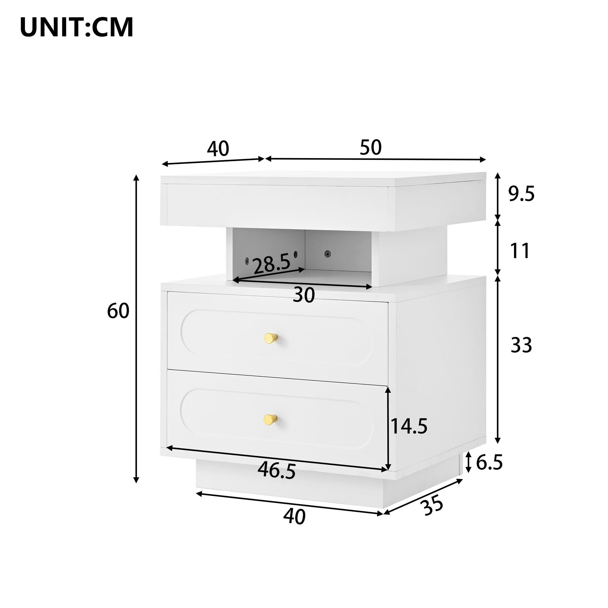 Stolik nocny 50x40x60 cm - z oświetleniem LED - z 2 szufladami i 1 otwartą przestrzenią przechowawczą - Biały - 6