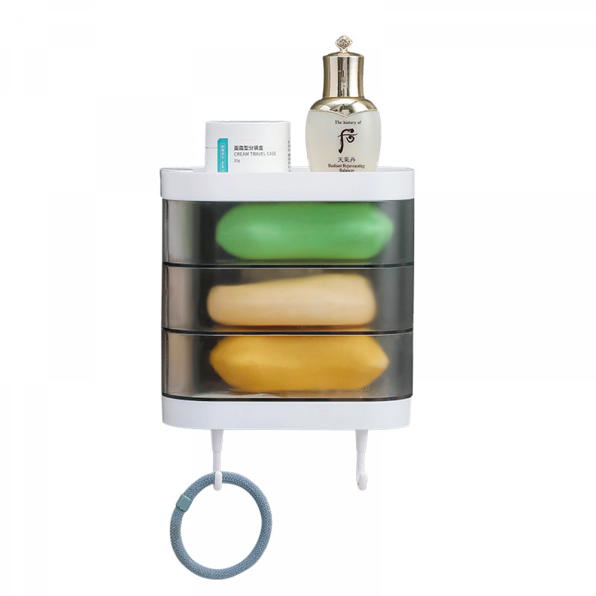 Trójwarstwowa mydelniczka ścienna z 2 haczykami, obrotowy o 180 stopni uchwyt na mydło, organizer do przechowywania w łazience (przezroczysty)