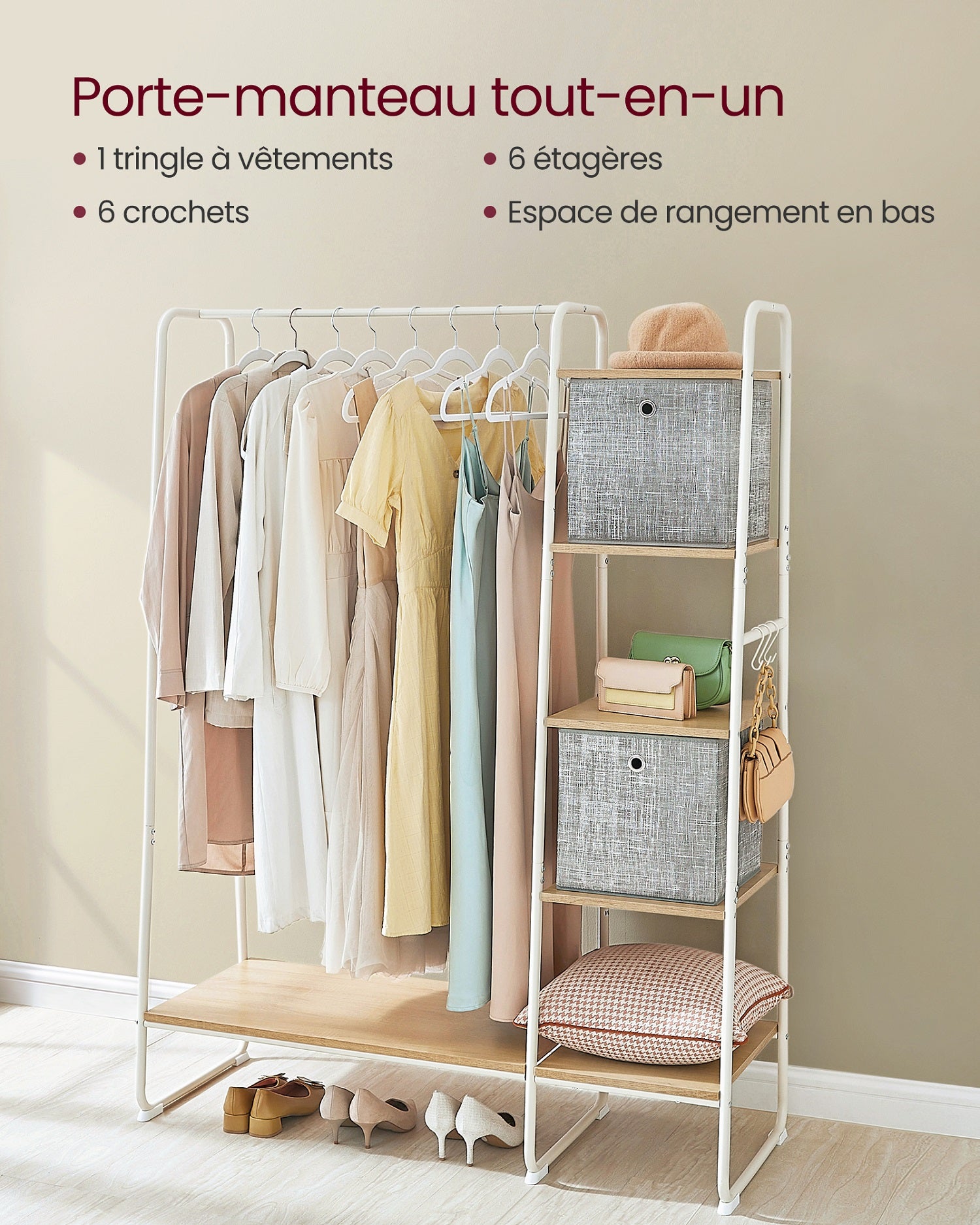 VASAGLE Porte-manteau sur Pieds, Meuble Chaussure Entrée, Vestiaire, avec 5 Étagèress de Rangement, 6 Crochets, Couleur Chêne et Blanc - 3