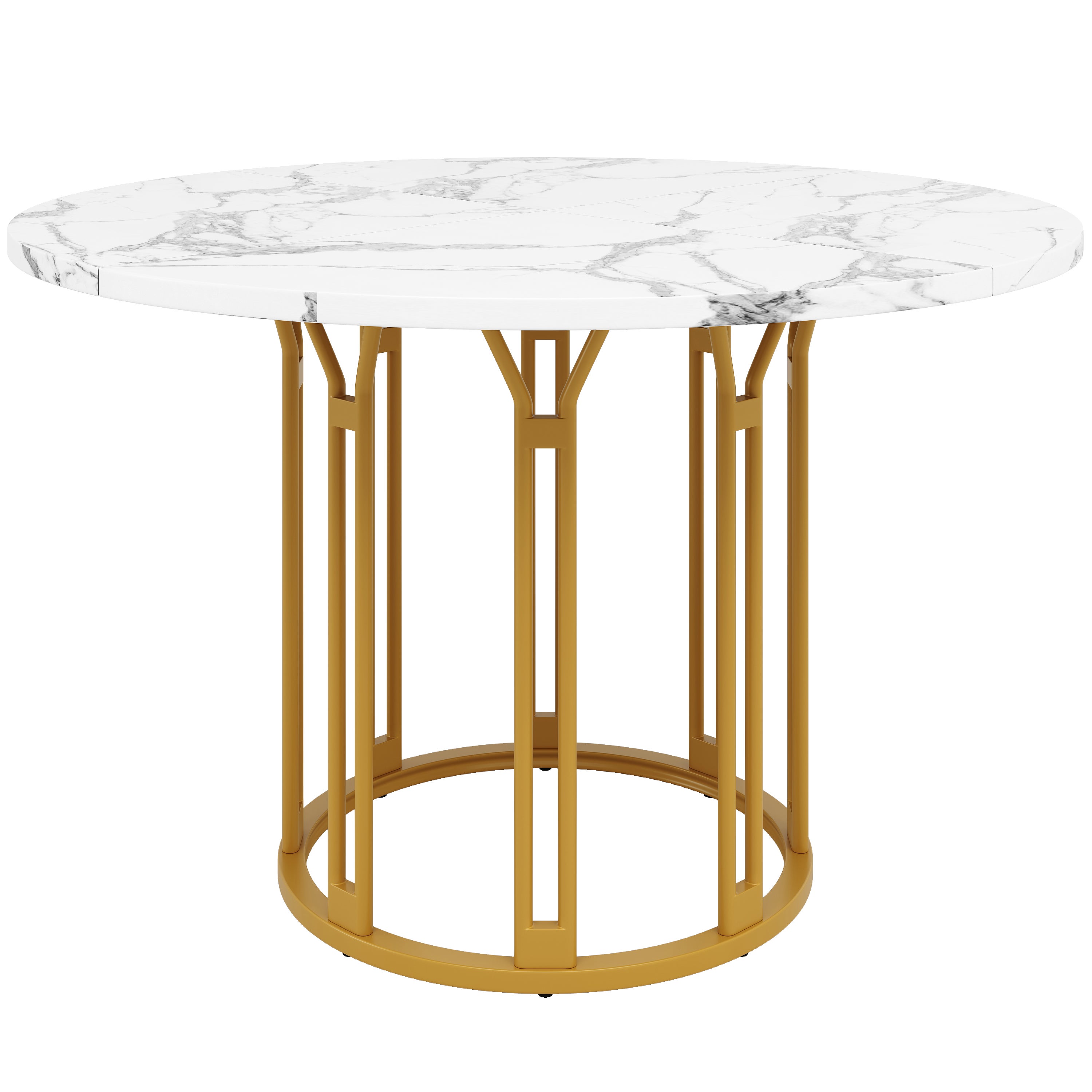Okrągły stół jadalny - śr. 100 x wys. 74 cm - MDF i złote metalowe nogi - wzór marmurowy - biały - 6