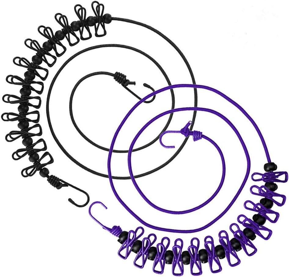 Elastyczna linka do suszenia ubrań Wanxida, przenośna linka do suszenia ubrań z 12 czarnymi klamrami pozycjonującymi, do użytku na kempingu, podczas
