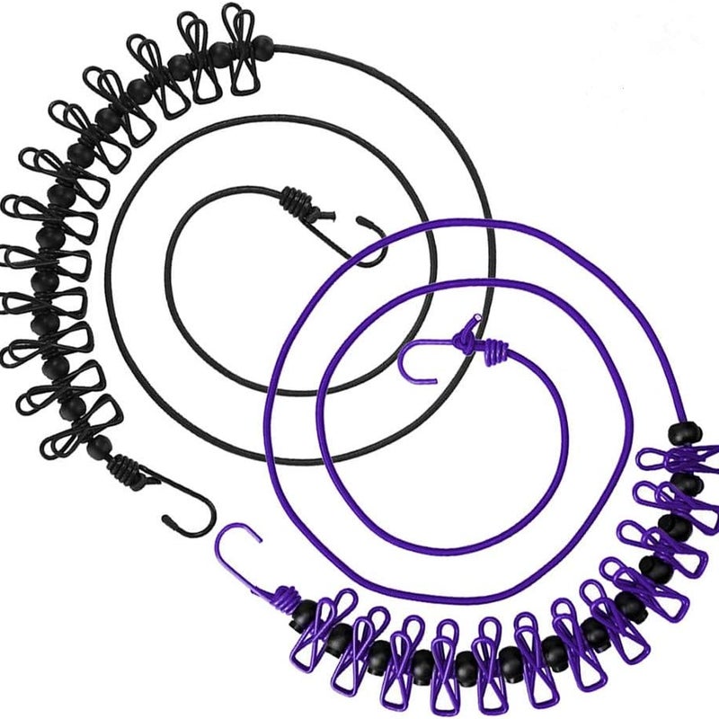 Elastyczna linka do suszenia ubrań Wanxida, przenośna linka do suszenia ubrań z 12 czarnymi klamrami pozycjonującymi, do użytku na kempingu, podczas