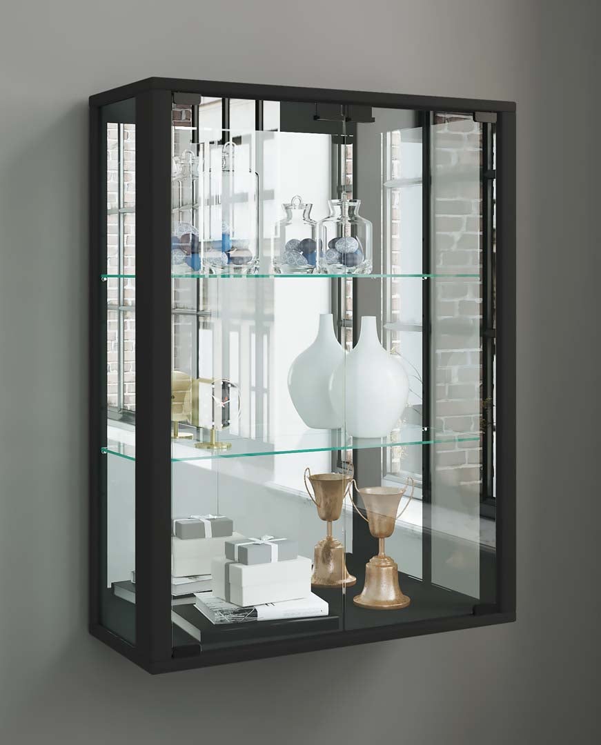 Udina vitrine accroché au mur avec miroir 2 portes en verre Incl. lumières LED noir. - 3