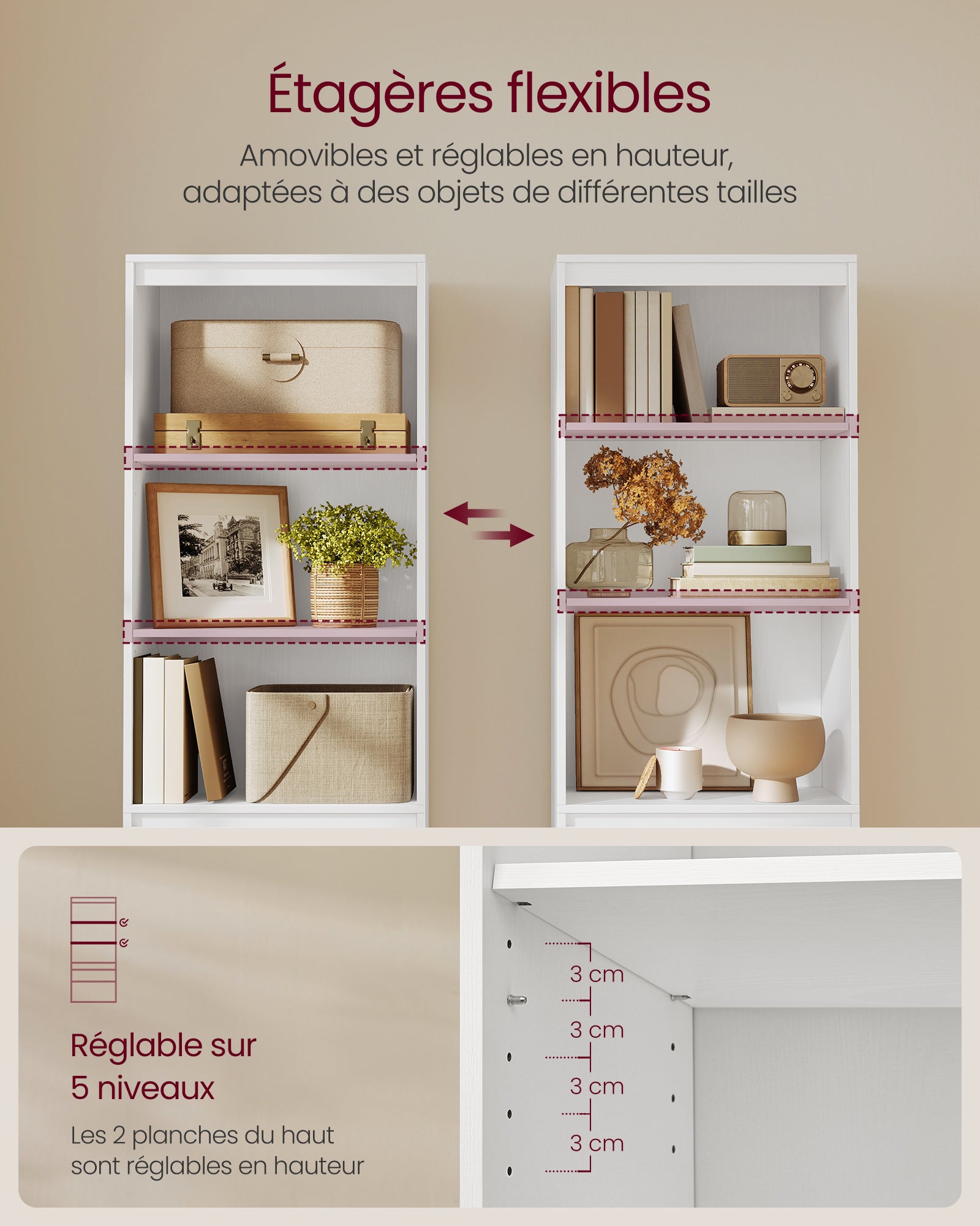 Bibliothèque, 3 Tiroirs de Tailles Différentes, Étagères Réglables, Hauteur 180 cm, pour Salon, Chambre, Bureau, Moderne, Gain de Place, Blanc Neige - 3