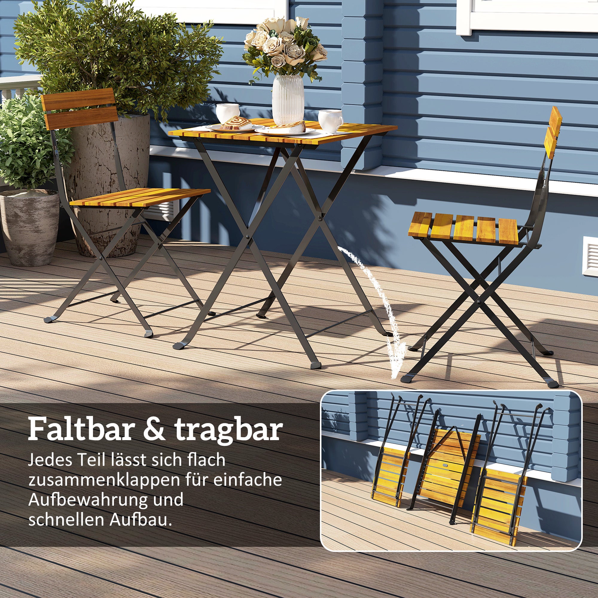 Ensemble de salle à manger 3 pièces pour 2 personnes, table pliante avec 2 chaises pliantes pour terrasse/balcon, en teck - 6