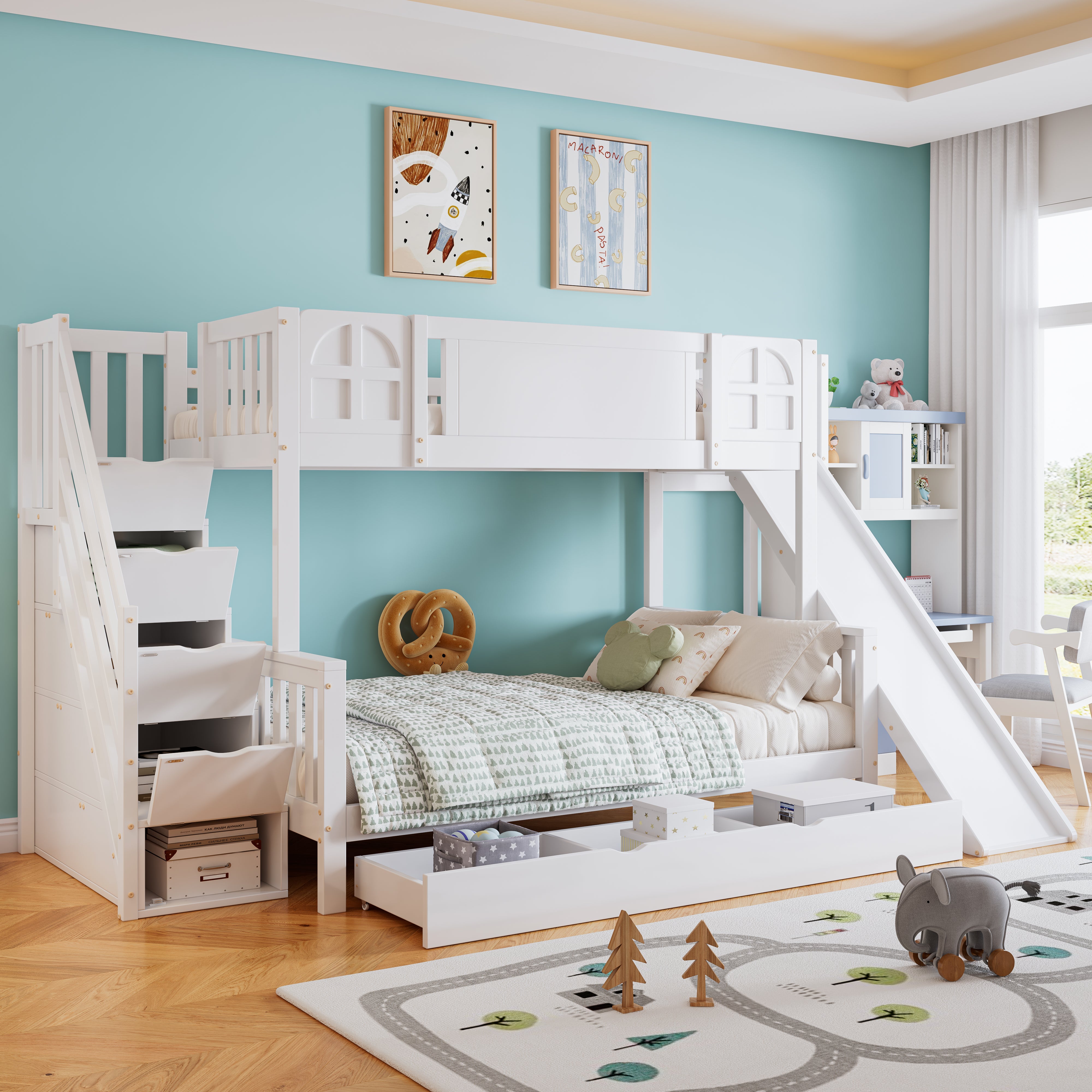 Lit Cabane Enfant 90x200 Avec Tiroirs, Toboggan Et Escalier - Lit Mezzanine Bois Massif Blanc