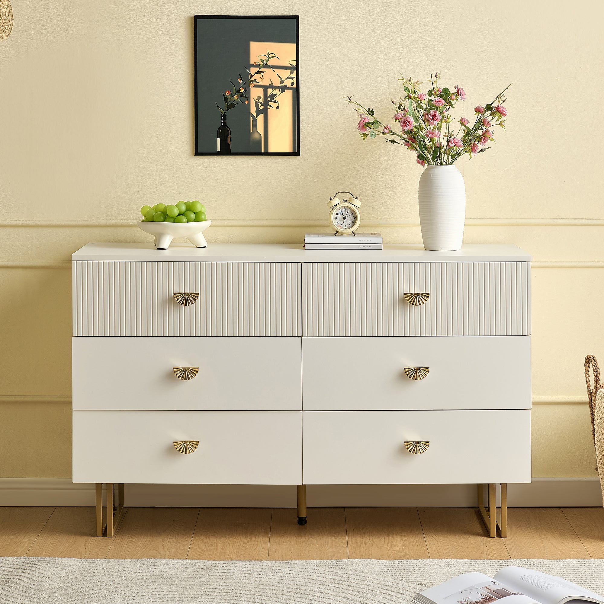 Kredens nowoczesny 120 x 40 x 75 cm - z 6 szufladami - stalowe nogi - MDF - Biały