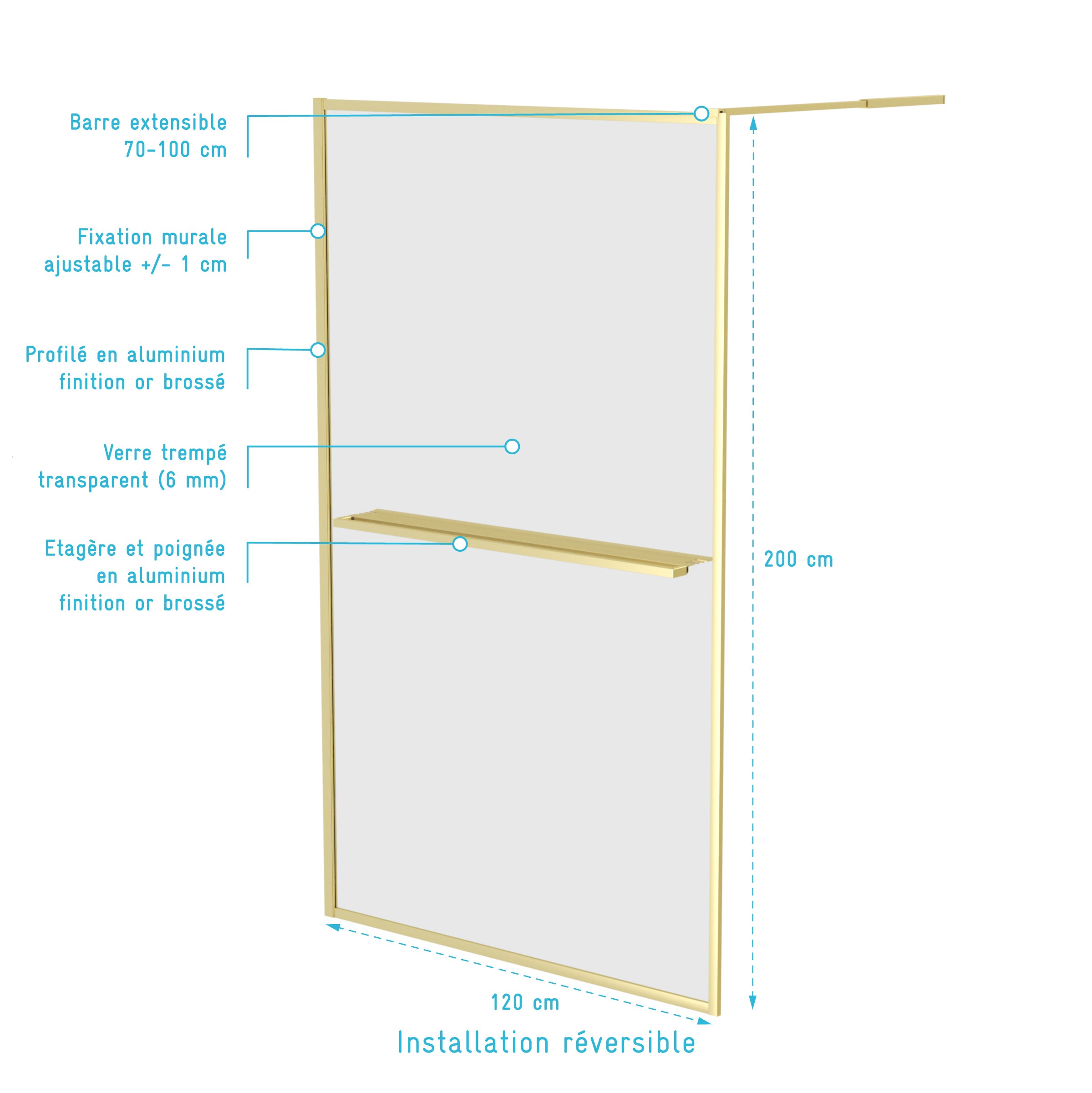 Paroi de Douche Or Doré Brossé 120x200cm - Porte-Serviette et Etagère - 4