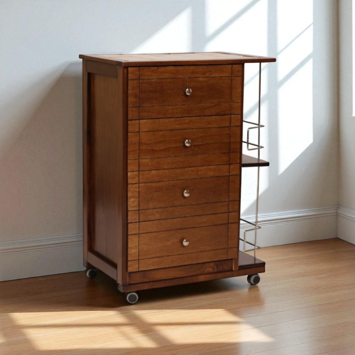 Chariot De Cuisine Versa Leicester - Blanc, Bois & Métal, Roulettes, Tiroirs, Porte-Bouteilles, 82x76x40 Cm