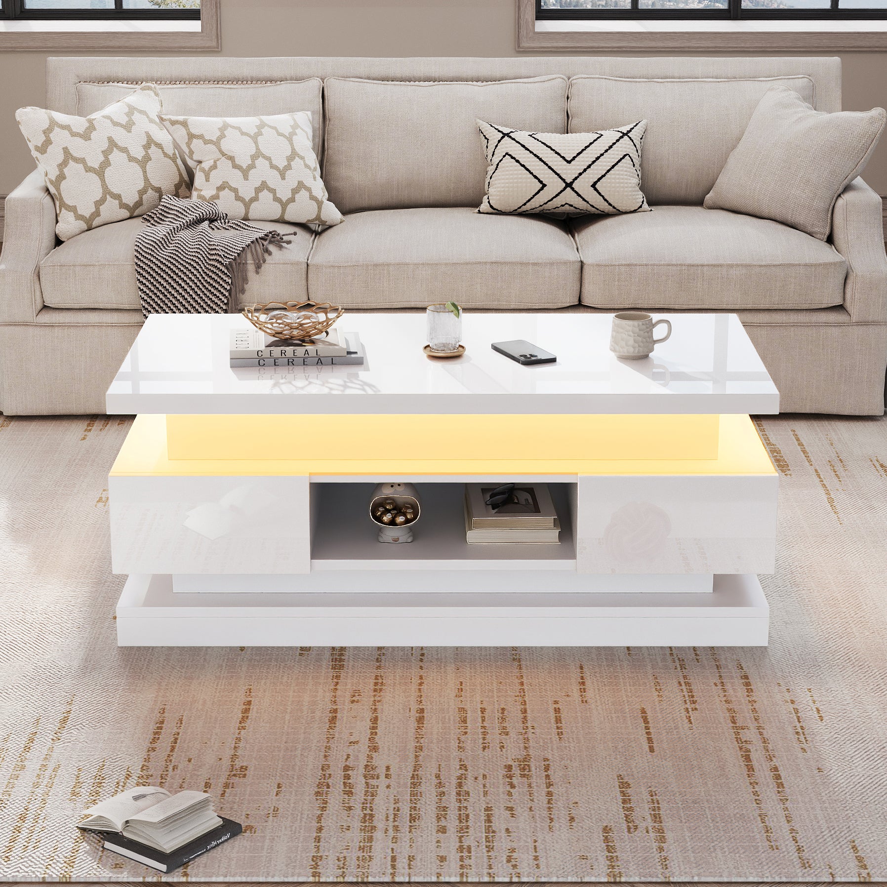 Table basse relevable avec 2 tiroirs - 100 x 50 x 40 cm - LEDs - Panneau de particules - Blanc - 2