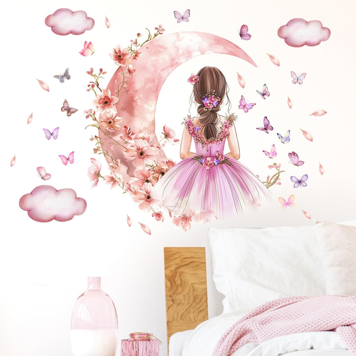 Rose Papillon autocollant mural, nuages de lune fleur fée autocollant mural, peinture murale florale papillons art mural pour s bébé chambre d’enfant - 5