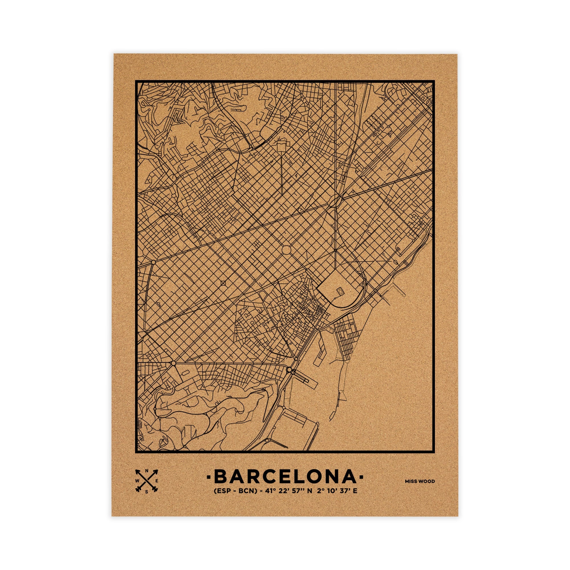 Mapa de corcho - woody map natural barcelona / 90 x 60 cm / negro / sin marco