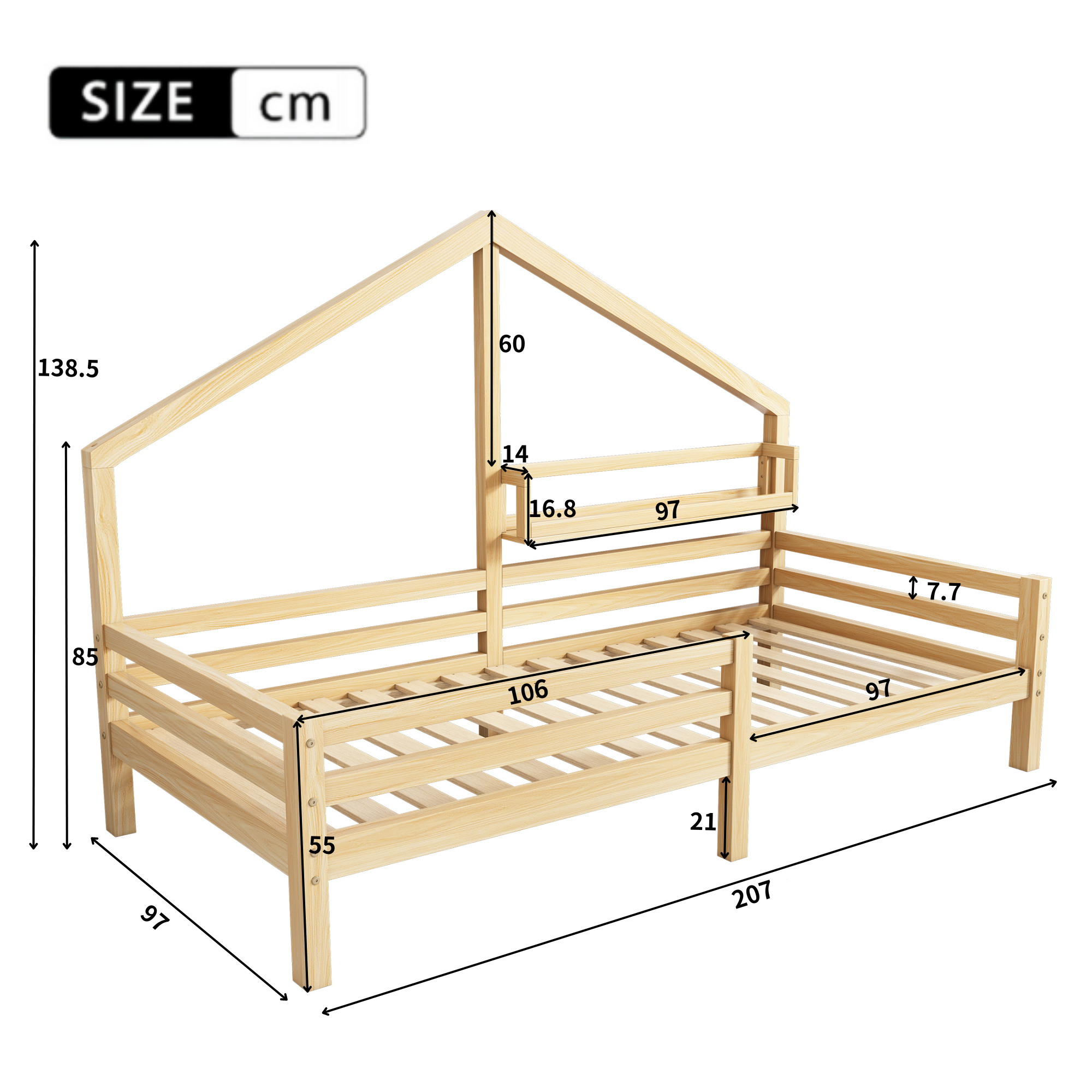 Lit cabane 90x200cm en bois massif - avec étagères - Naturel - 5