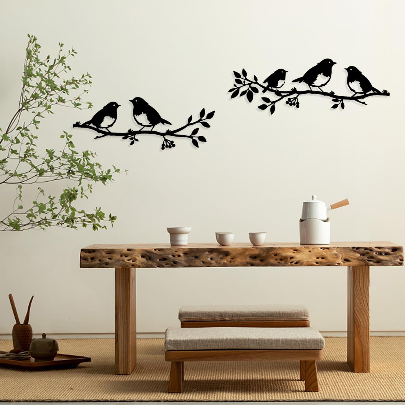 Lot de 2 oiseaux muraux en métal sur une branche,Décoration murale oiseaux en métal,Décoration murale en forme de feuilles avec silhouette d'oiseaux - 6