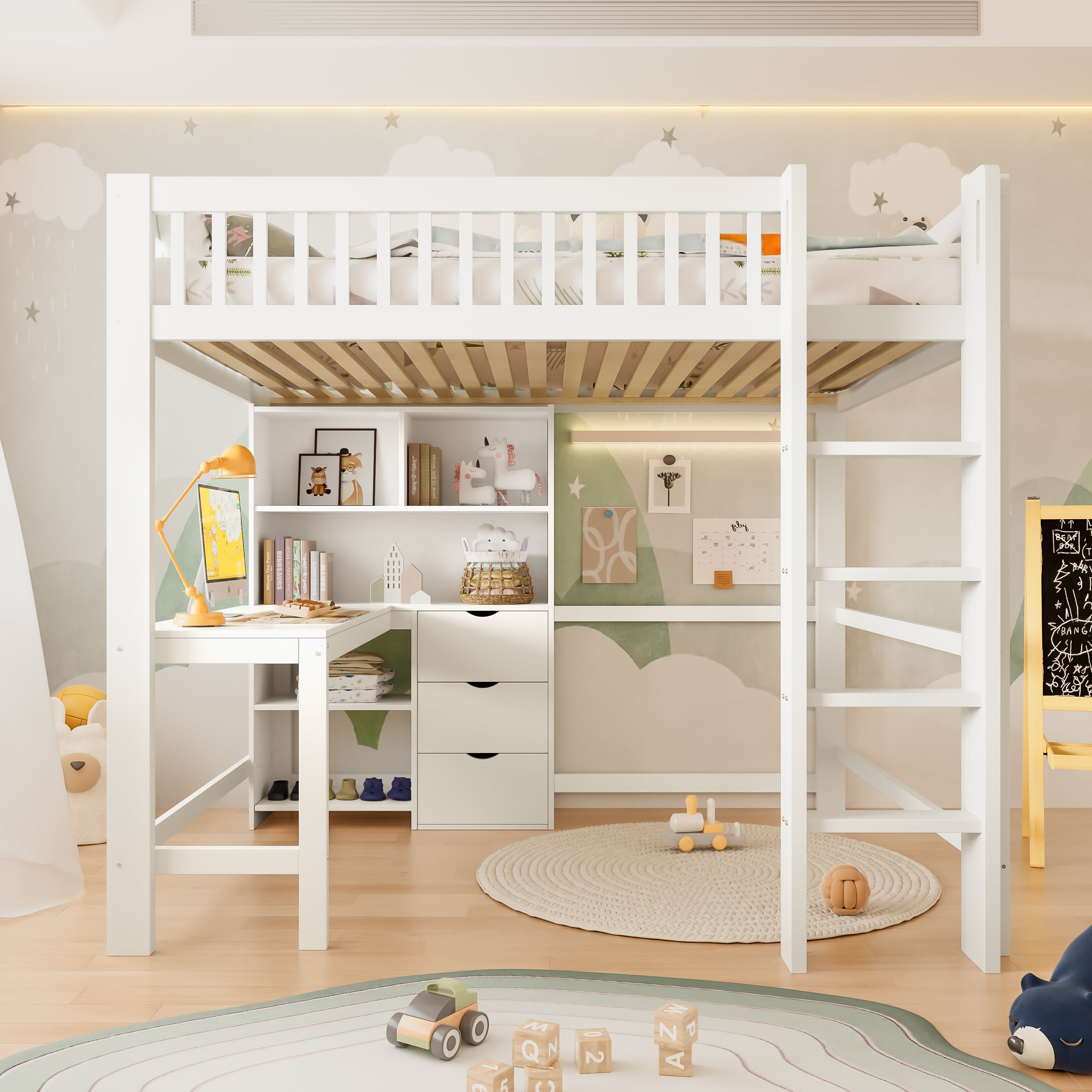 Letto A Soppalco Con Scrivania E 3 Cassetti - 140x200 Cm, Bianco, Senza Materasso, Per Camera Bambini/Ragazzi