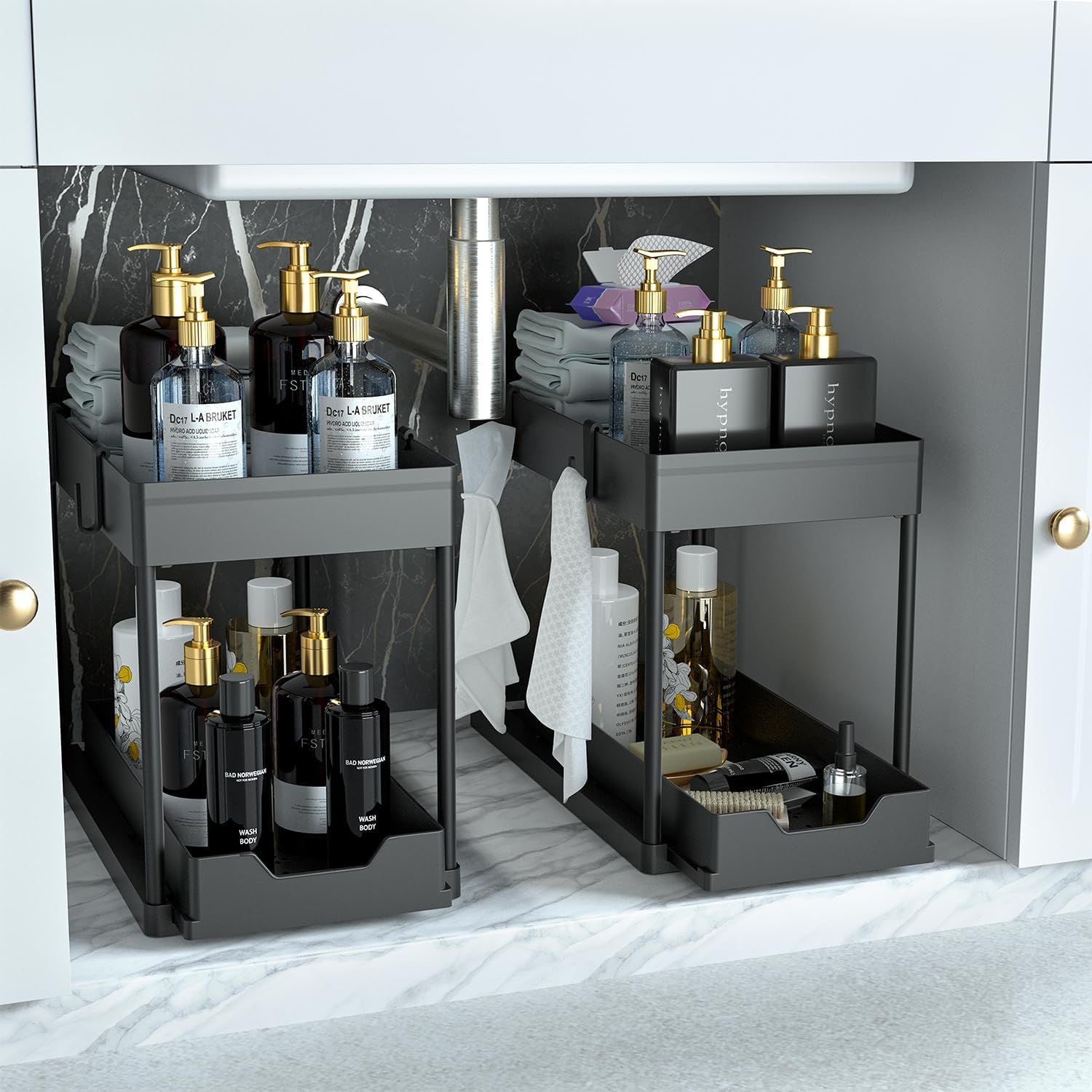 Lot de 2 Rangement sous Évier - Organisateur sous Evier Tiroir Coulissant à Extraction - Rangement Et Organisation De Cuisine - 4