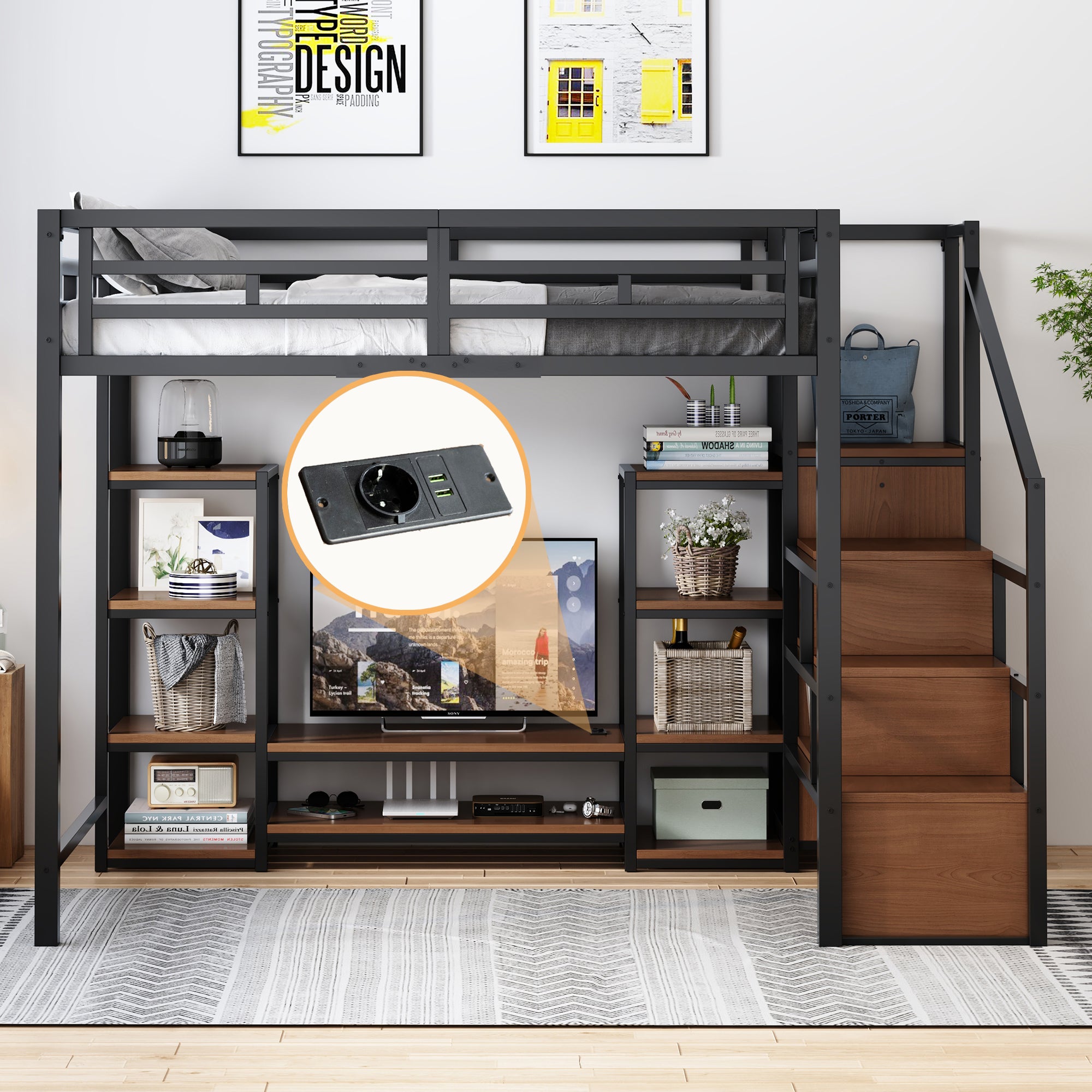 Łóżko piętrowe 140 x 200 cm z szafką RTV i półkami - Metal + MDF - Czarne (materac nie jest wliczony w cenę)