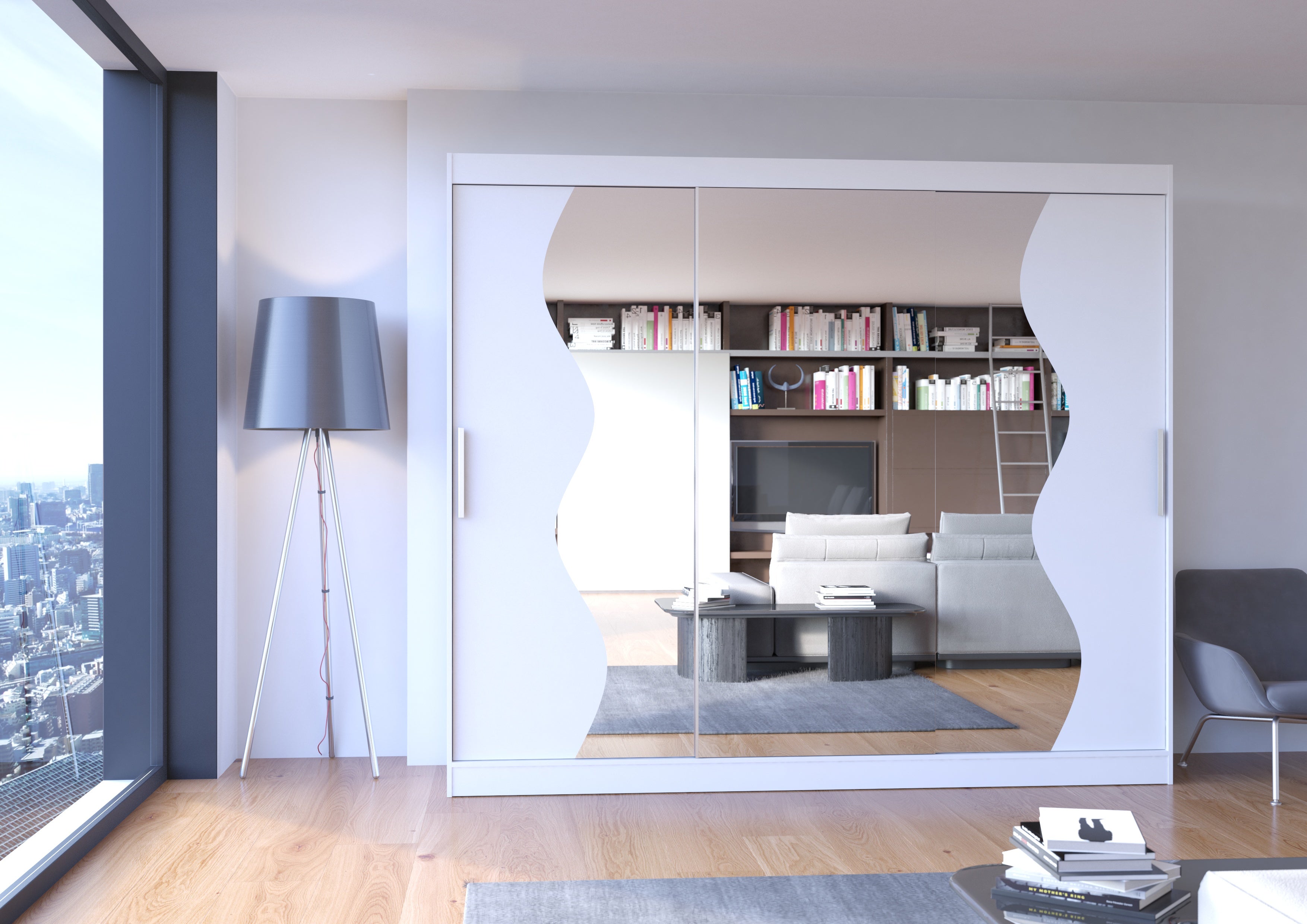 Grande armoire de chambre à coucher 3 portes coulissantes blanches et miroir biseauté Kola 250cm - 2